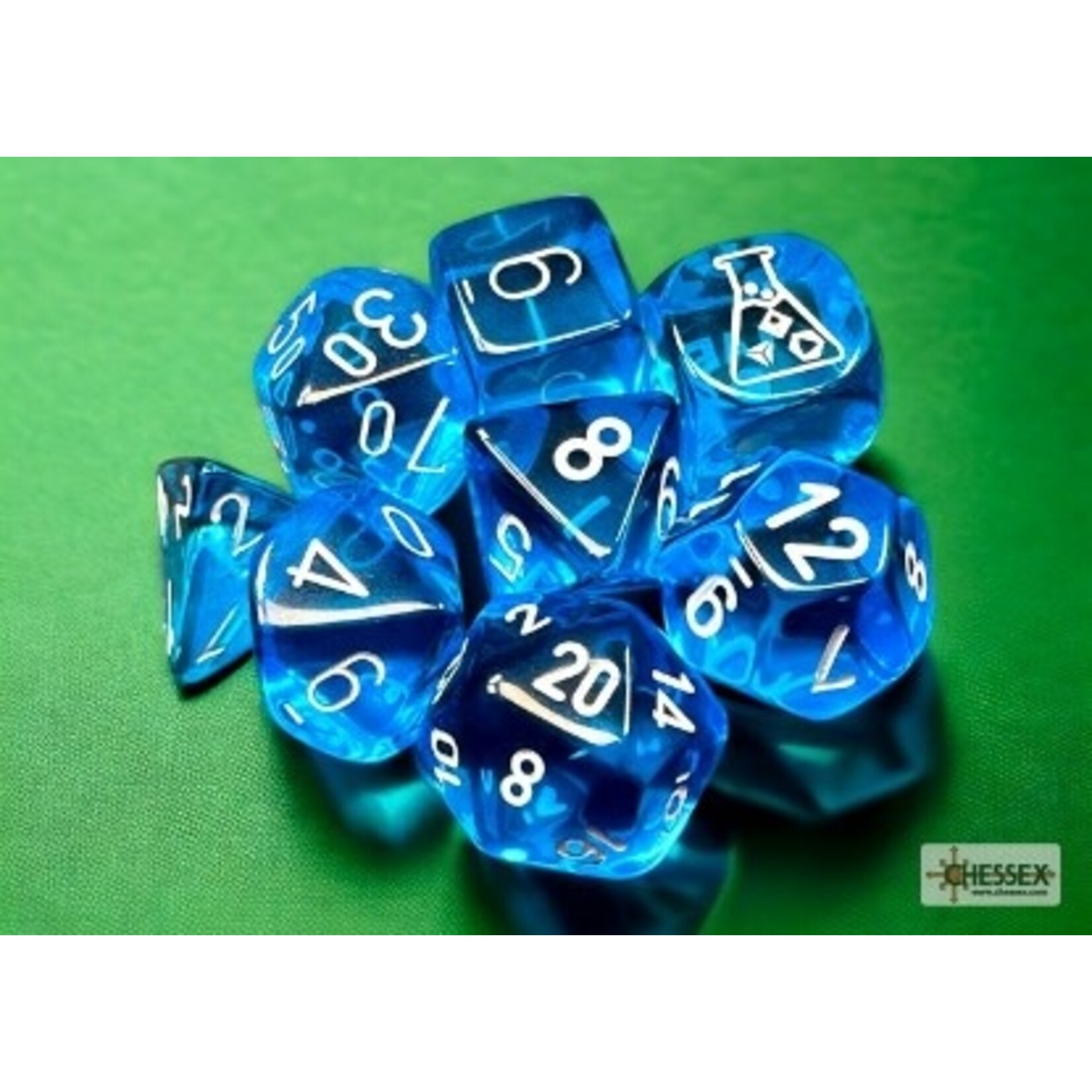 Chessex Translucent Tropical Blue/white Polyhedral 7-Dice Set (with bonus die)