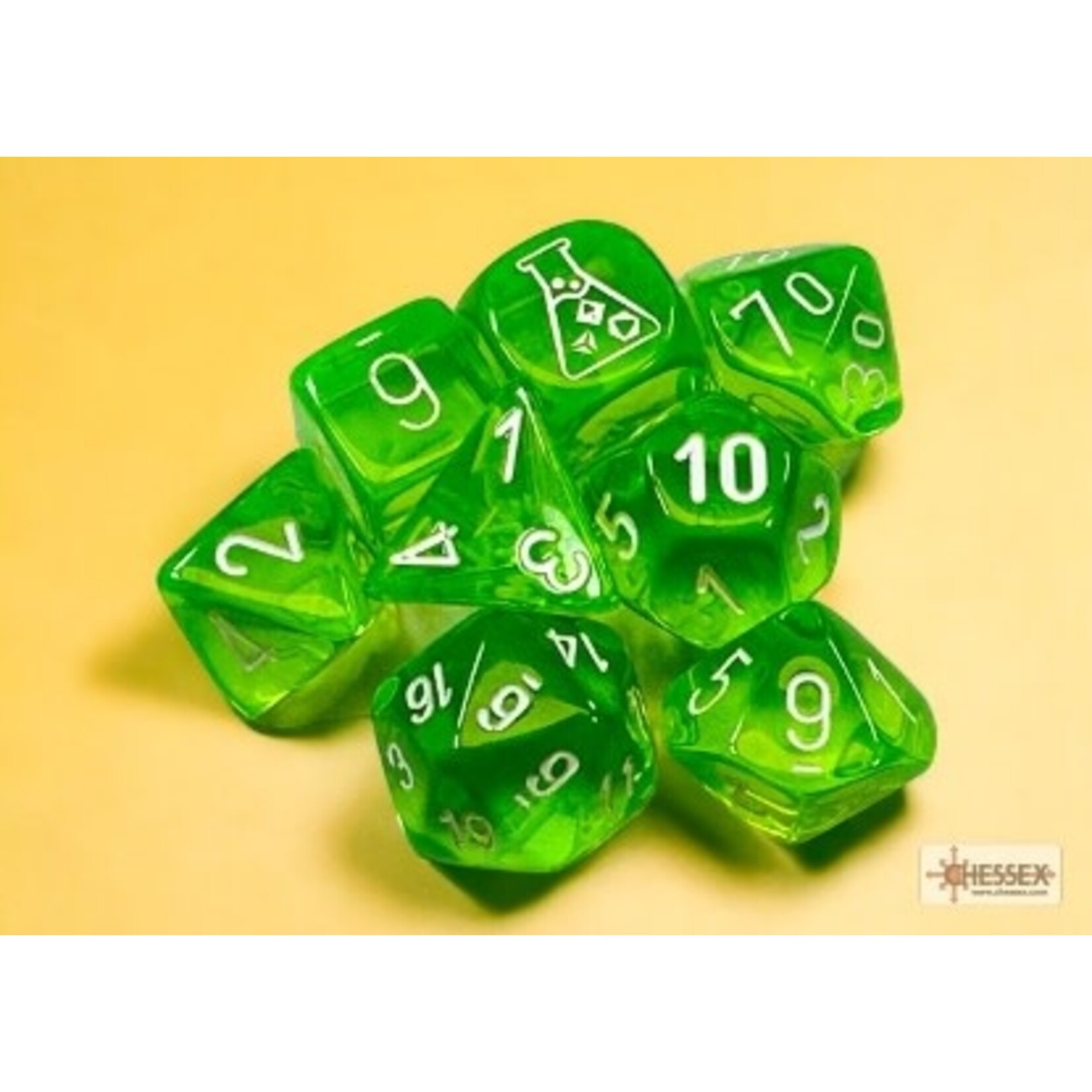 Chessex Translucent Rad Green/white Polyhedral 7-Dice Set (with bonus die)