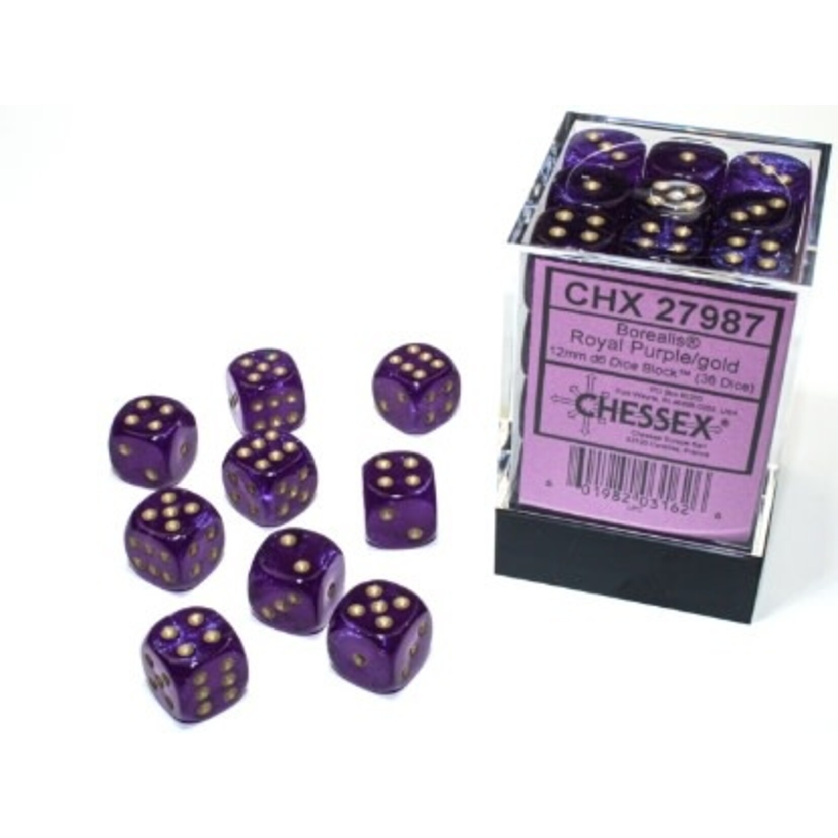 Chessex Borealis Royal Purple/gold Luminary 12mm d6 Dice Block (36 dice)