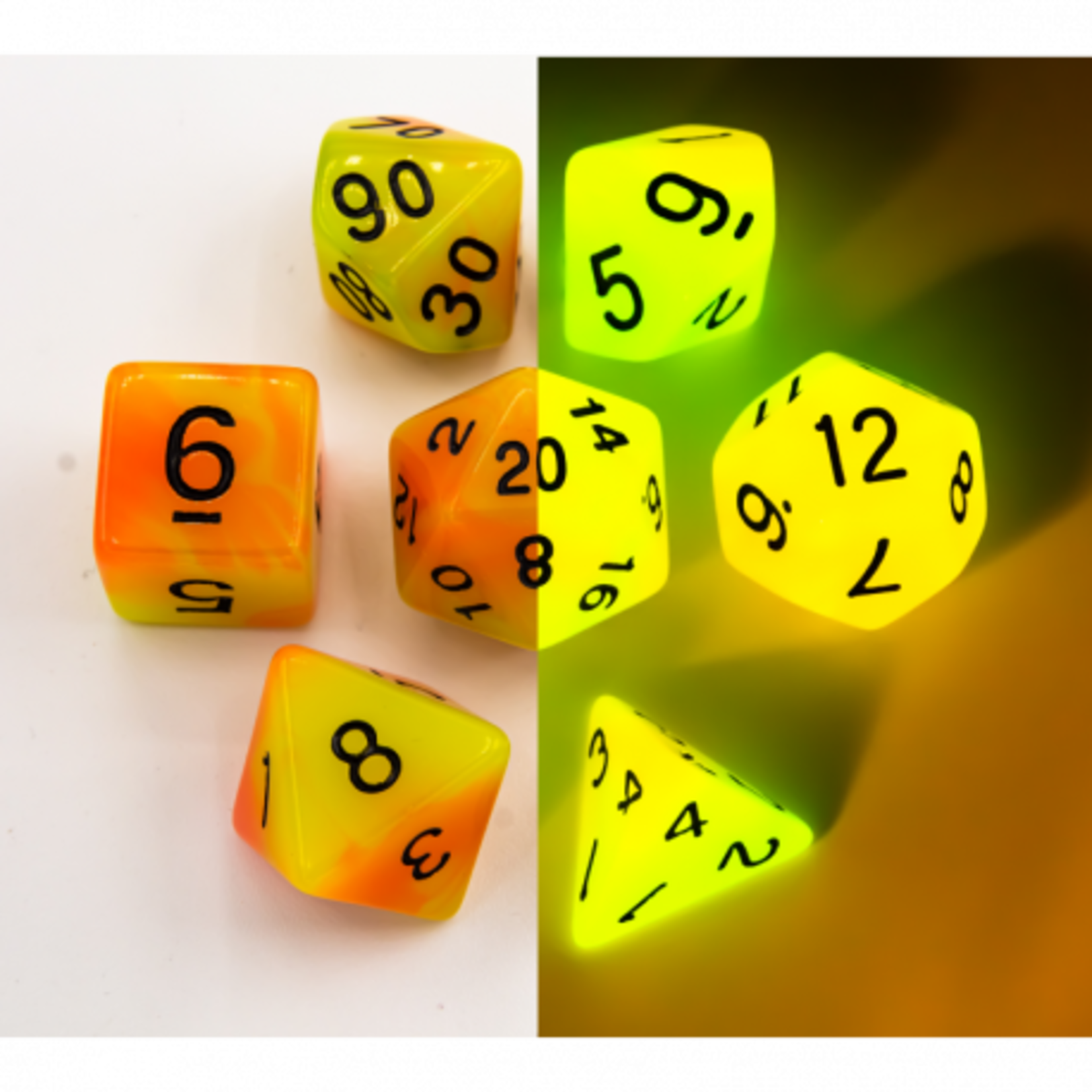 Critical Hit Collectables Orange/Yellow Set of 7 Fusion Glow In Dark Polyhedral Dice with Black Numbers for D20 based RPG's