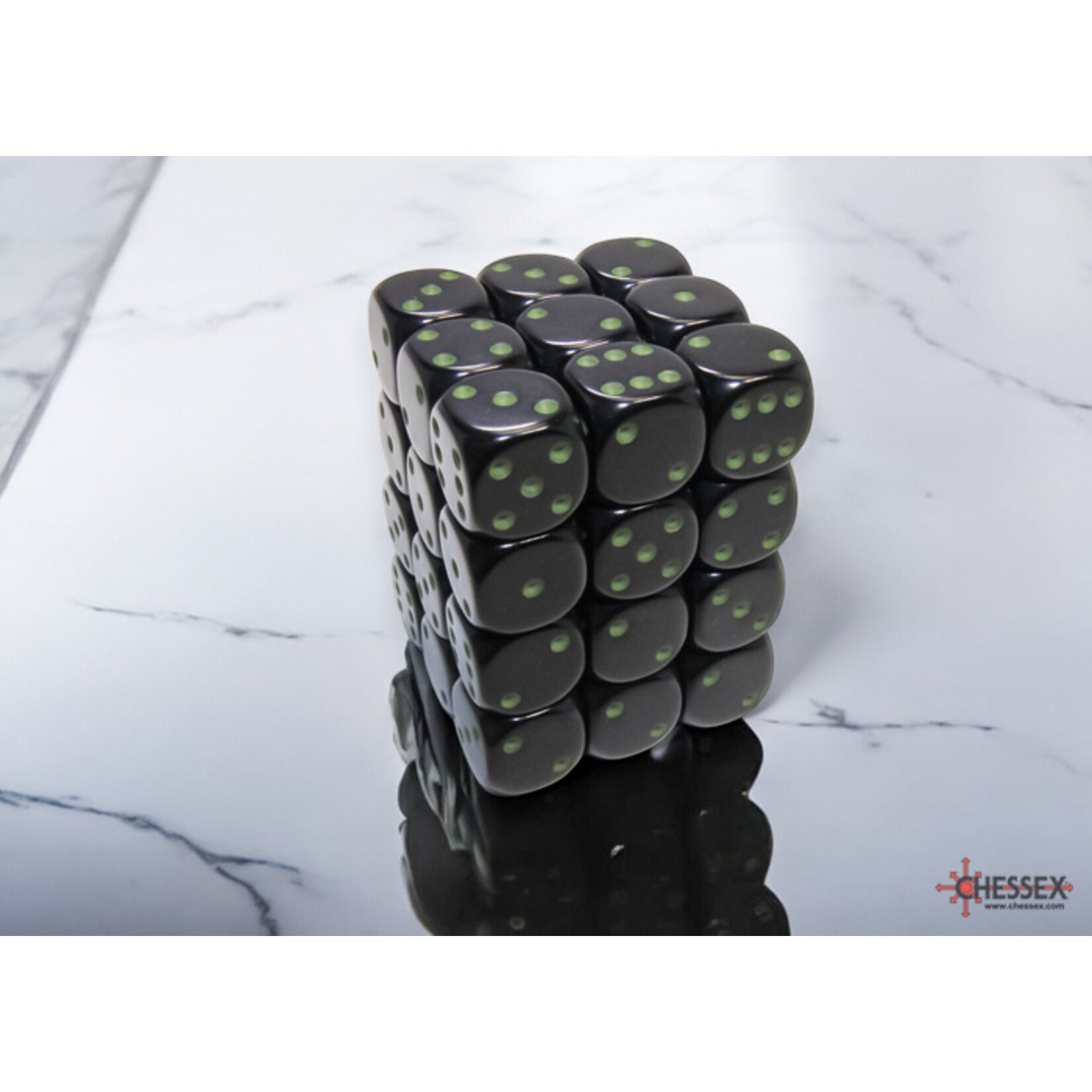 Chessex Opaque Black/green 12mm d6 Dice Block (36 dice)