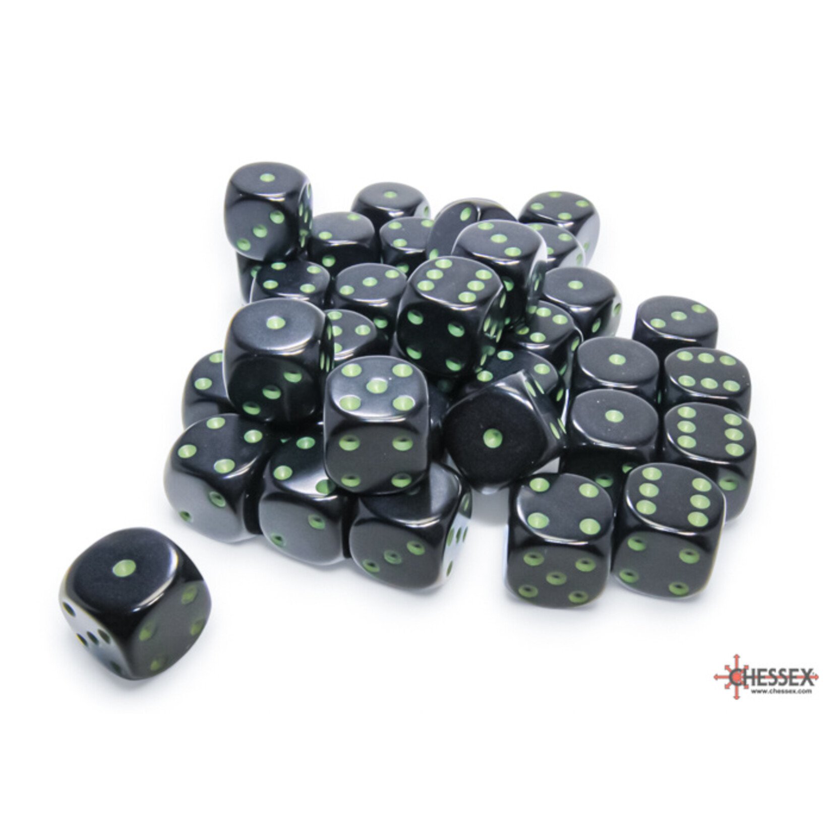 Opaque Black/green 12mm d6 Dice Block (36 dice)