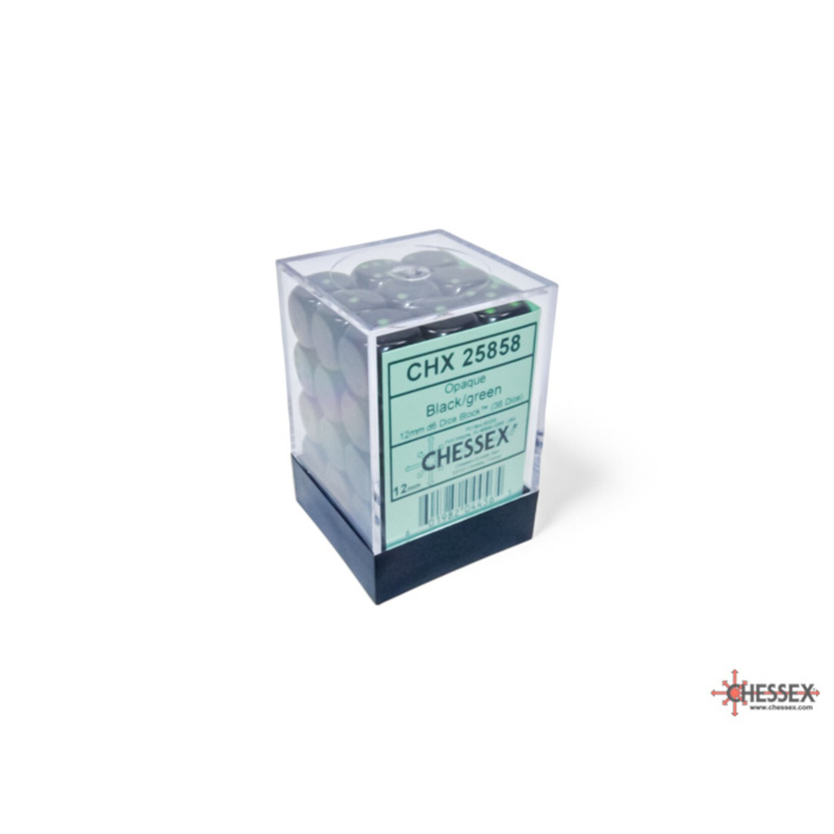 Chessex Opaque Black/green 12mm d6 Dice Block (36 dice)