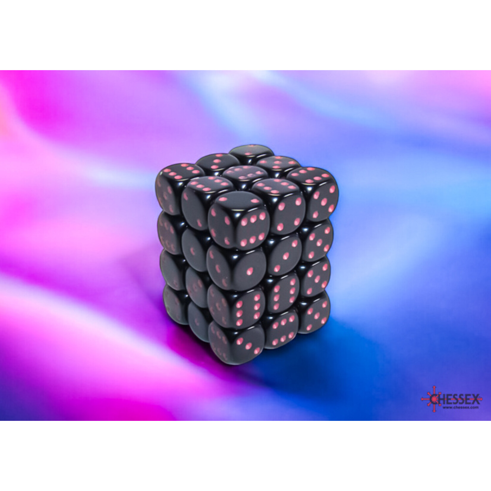 Chessex Opaque Black/pink 12mm d6 Dice Block (36 dice)