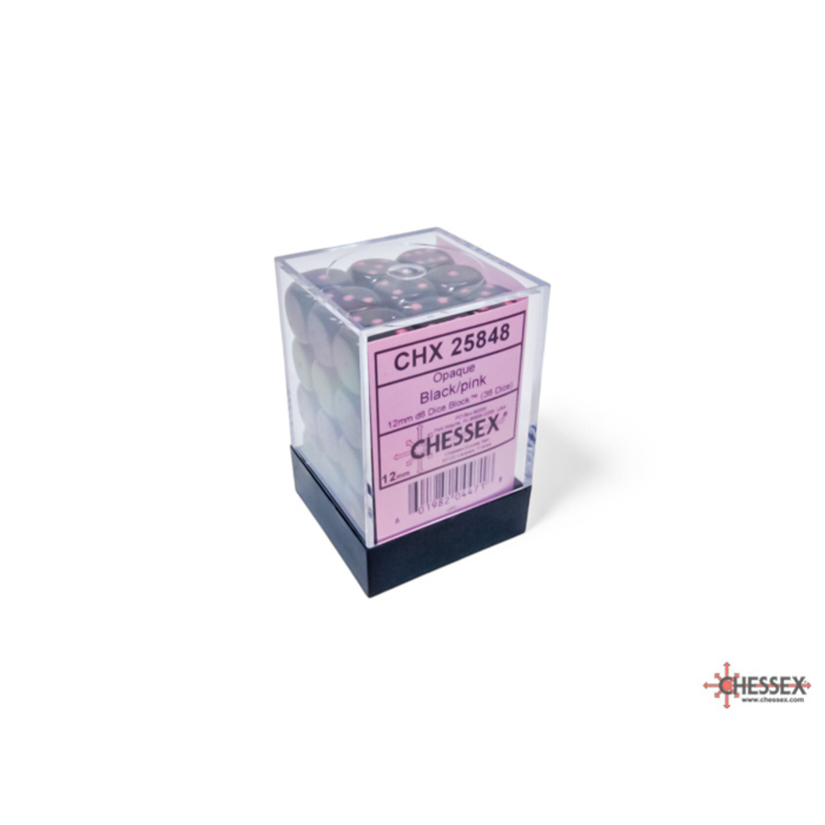 Chessex Opaque Black/pink 12mm d6 Dice Block (36 dice)