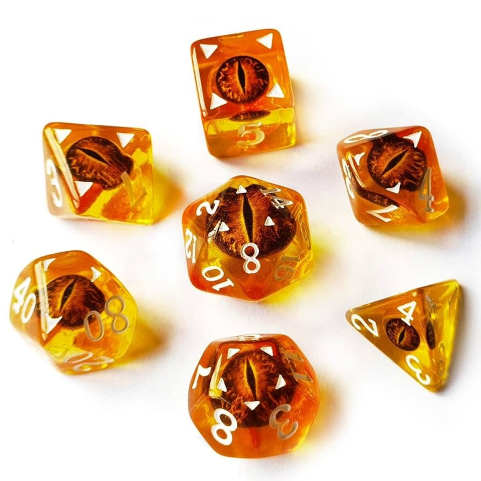 Critical Hit Collectables Orange Set of 7 Demon Eye Polyhedral Dice with White Numbers for D20 based RPG's