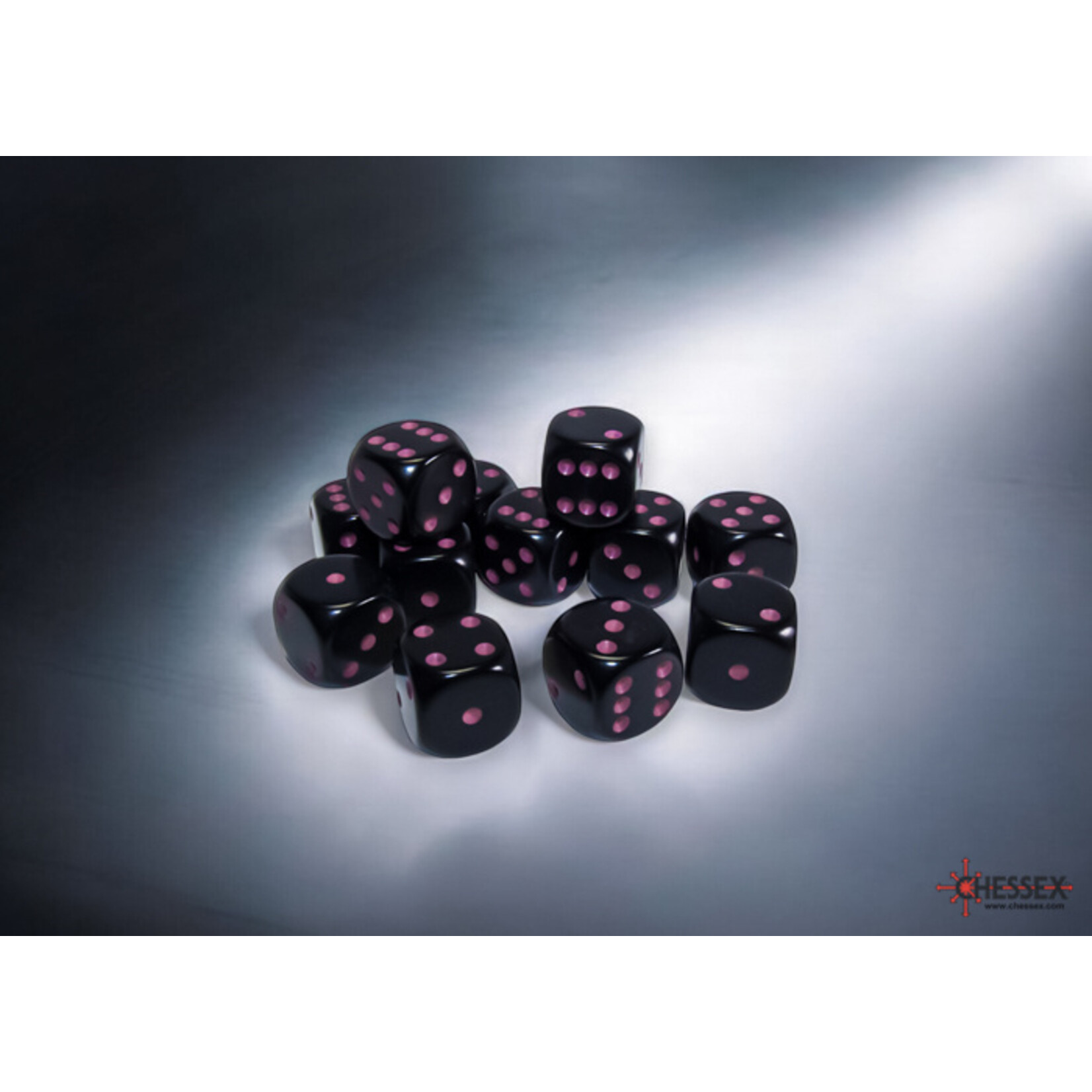 Chessex Opaque Black/pink 16mm d6 Dice Block (12 dice)