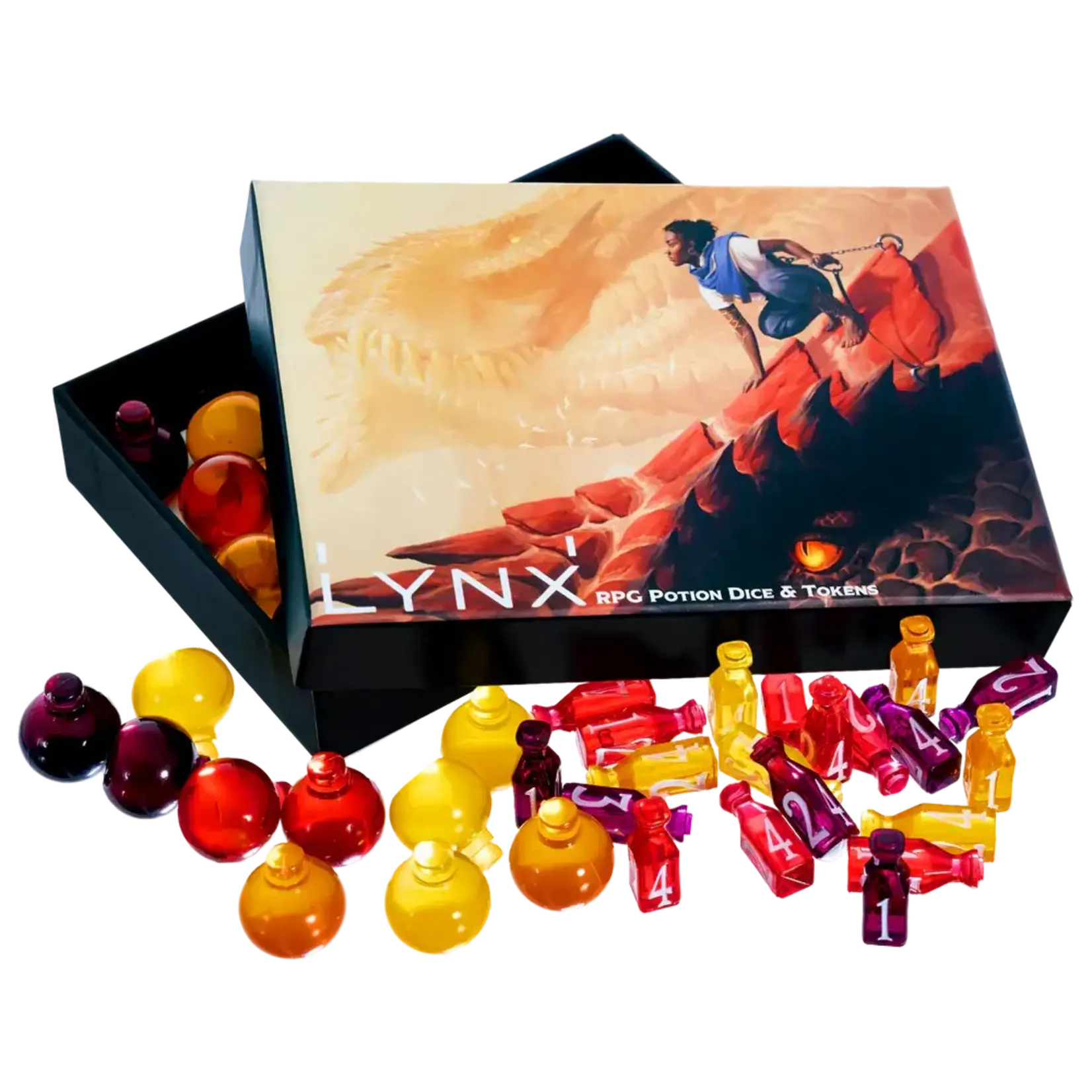 LYNX ACCESSORIES: HEALING POTION MARKERS AND DICE: SET OF 24 DICE AND 15 POTIONS TOKENS