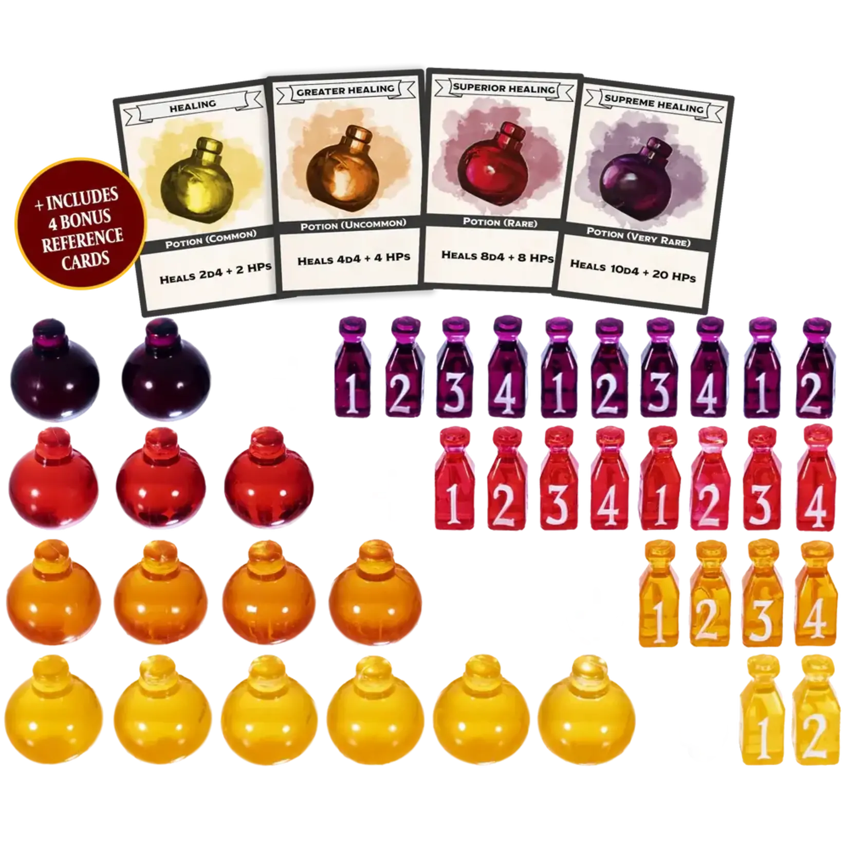 LYNX ACCESSORIES: HEALING POTION MARKERS AND DICE: SET OF 24 DICE AND 15 POTIONS TOKENS