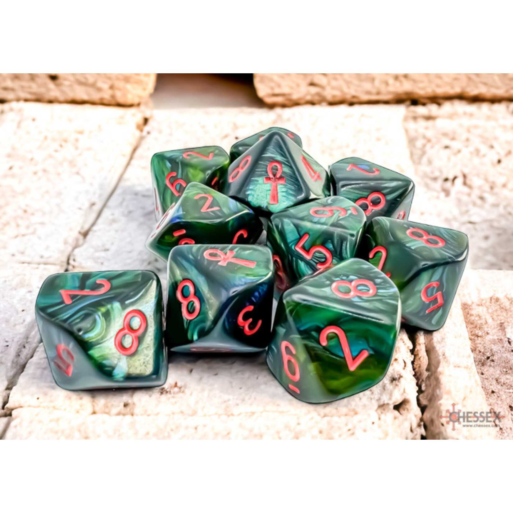 Chessex Scarab Jade/red Ankh Set of 10 d10s