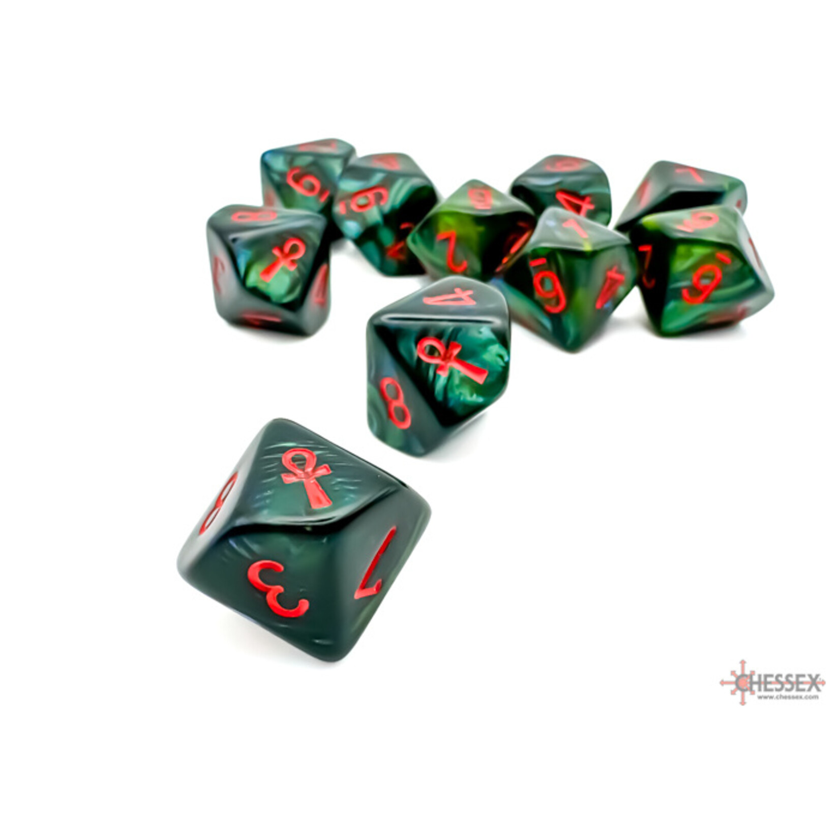 Chessex Scarab Jade/red Ankh Set of 10 d10s