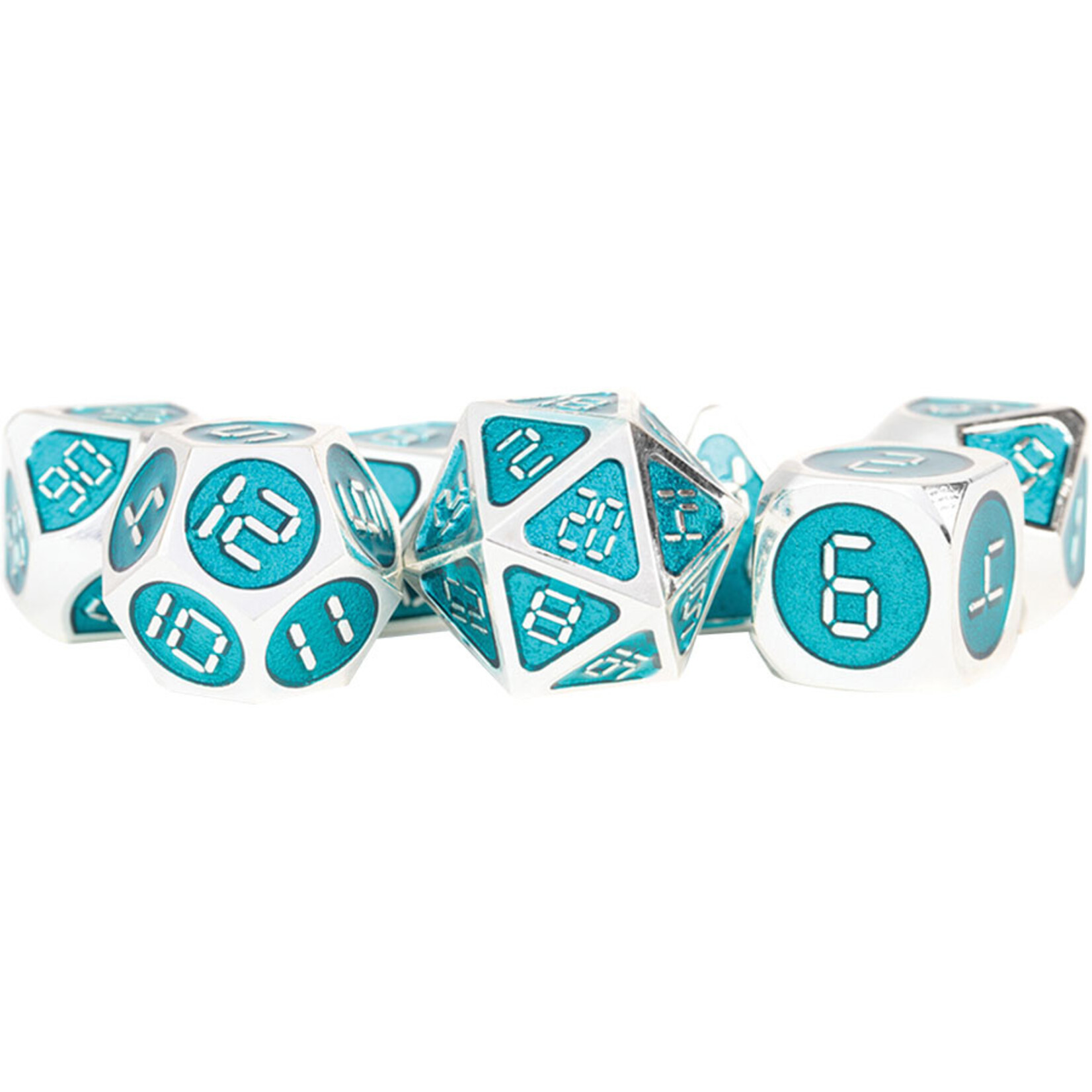 Metallic Dice Games Digital Enamel Metal Dice Set, 16mm: Silver with Teal Enamel (7)