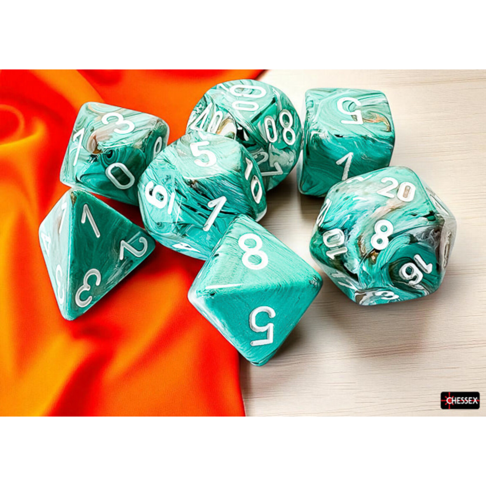 Chessex Marble Mega-hedral Oxi-Copper/white 7-Die Set