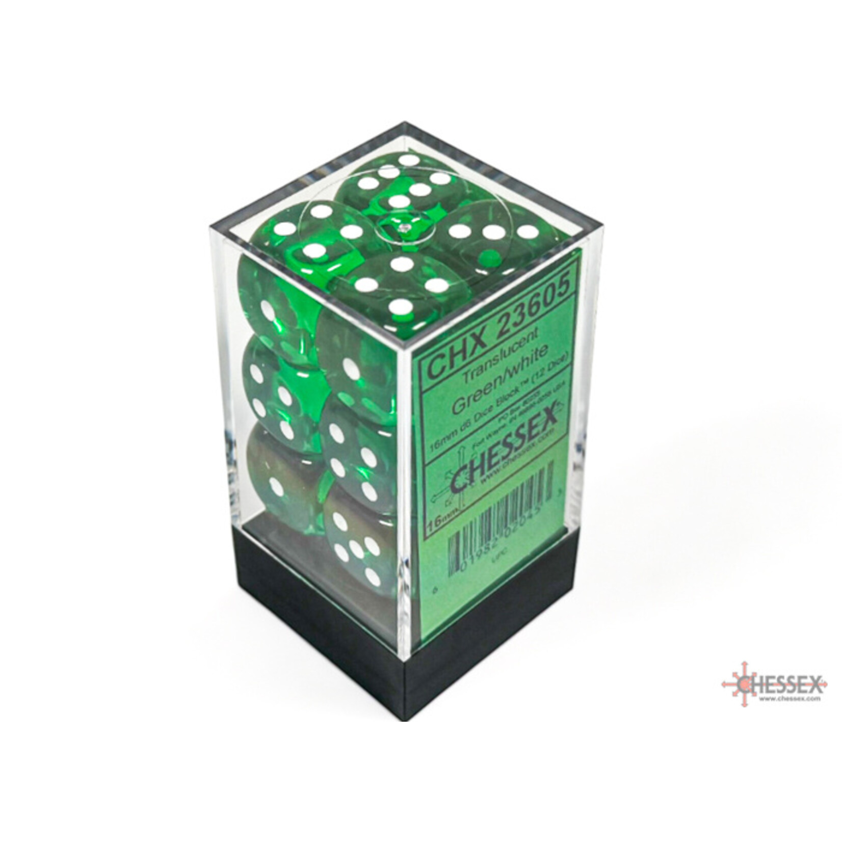 Chessex Translucent Green/white 16mm d6 Dice Block (12 dice)