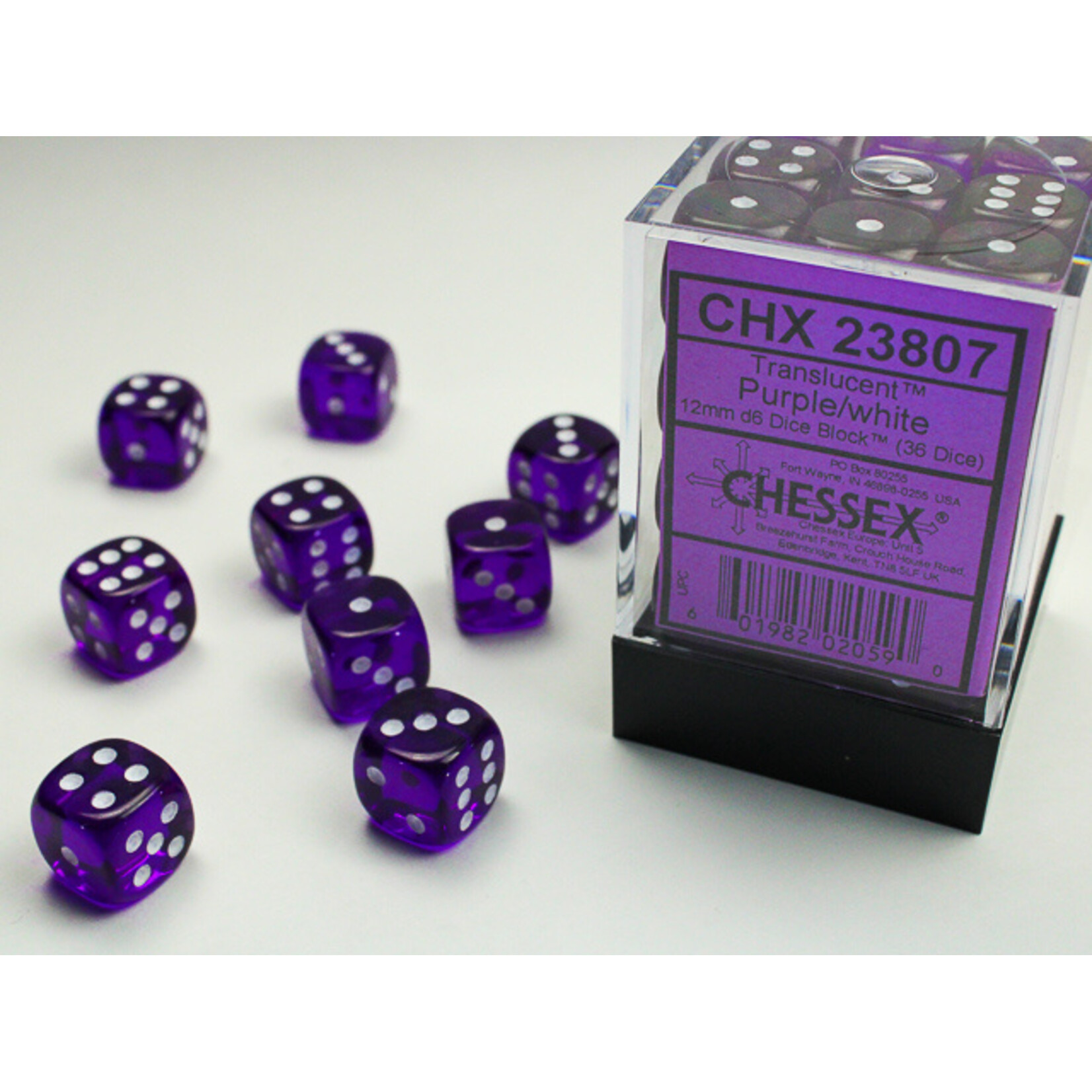 Chessex Translucent Purple/white 12mm d6 Dice Block (36 dice)