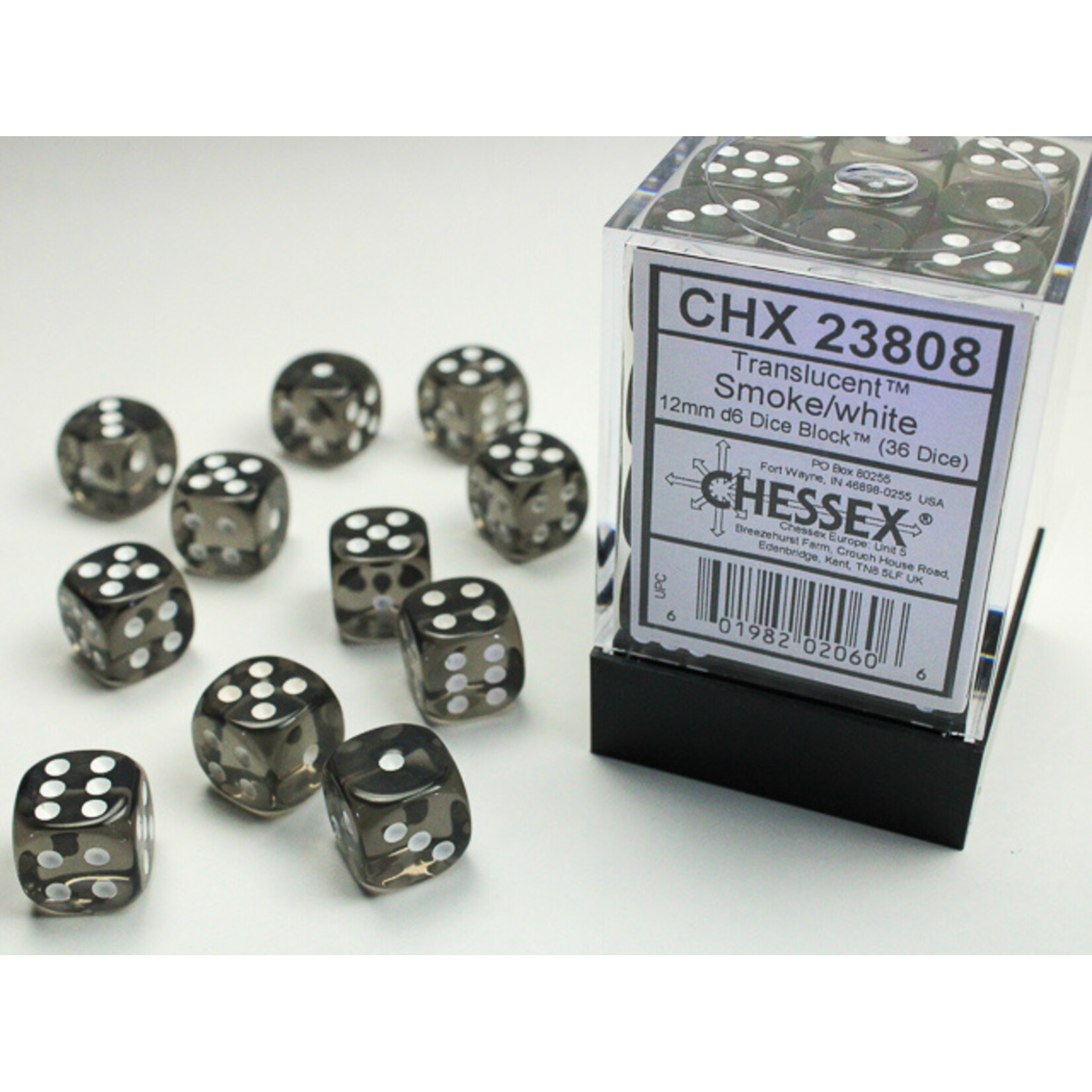 Chessex Translucent Smoke/white 12mm d6 Dice Block (36 dice)
