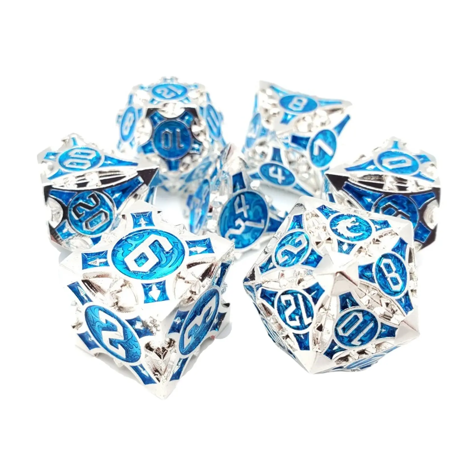 Old School Dice Old School 7 Piece DnD RPG Metal Dice Set: Gnome Forged - Silver w/ Blue