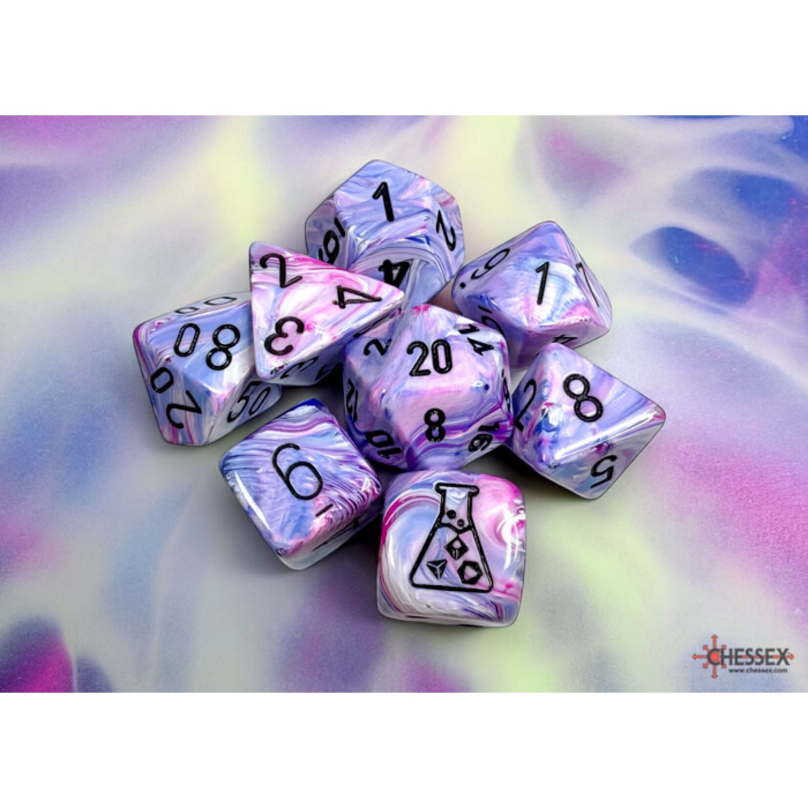Chessex Festive Hydrangea/black Polyhedral 7-Dice Set (with bonus die)