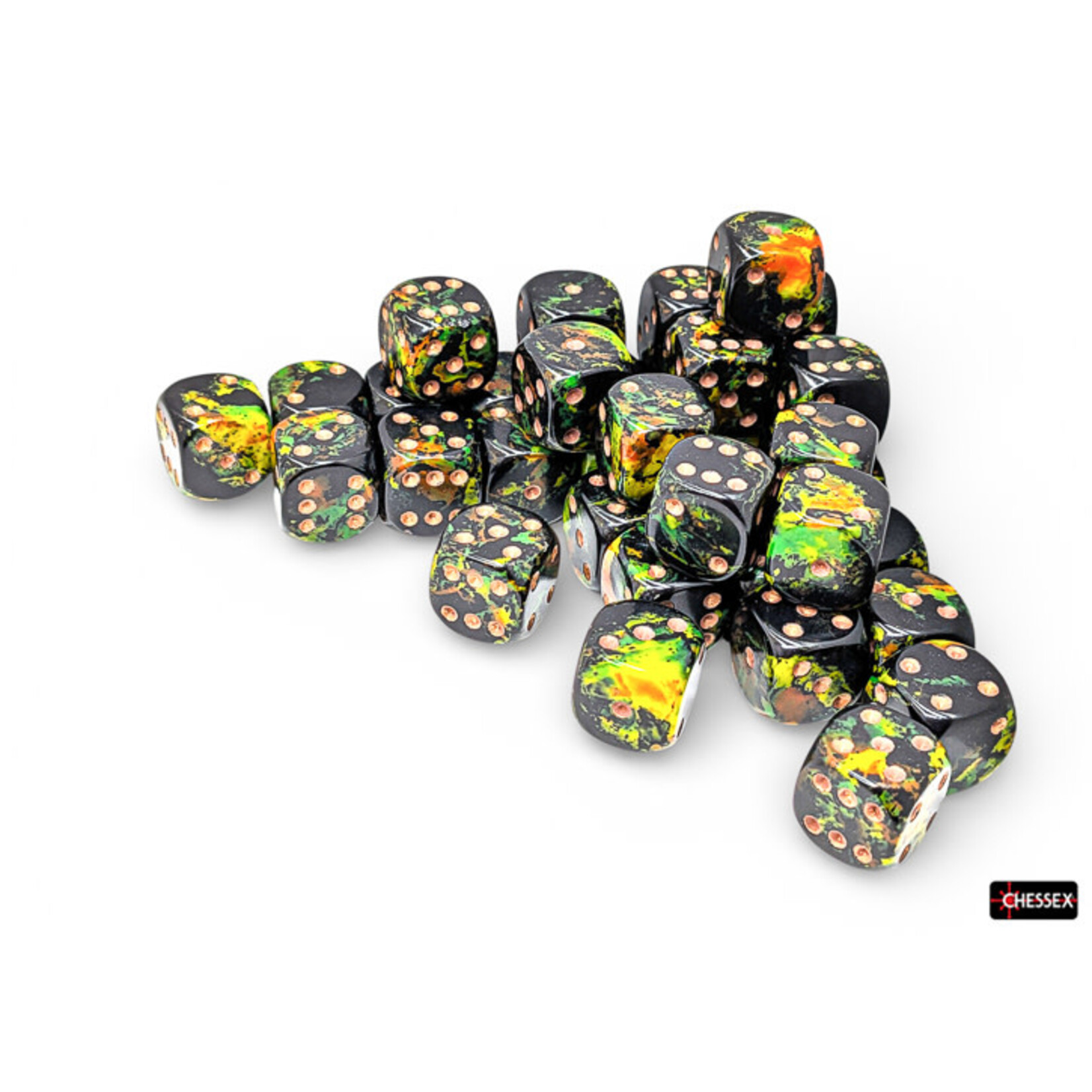 Chessex Brush Deep Forest/gold 12mm d6 Dice Block (36 dice)