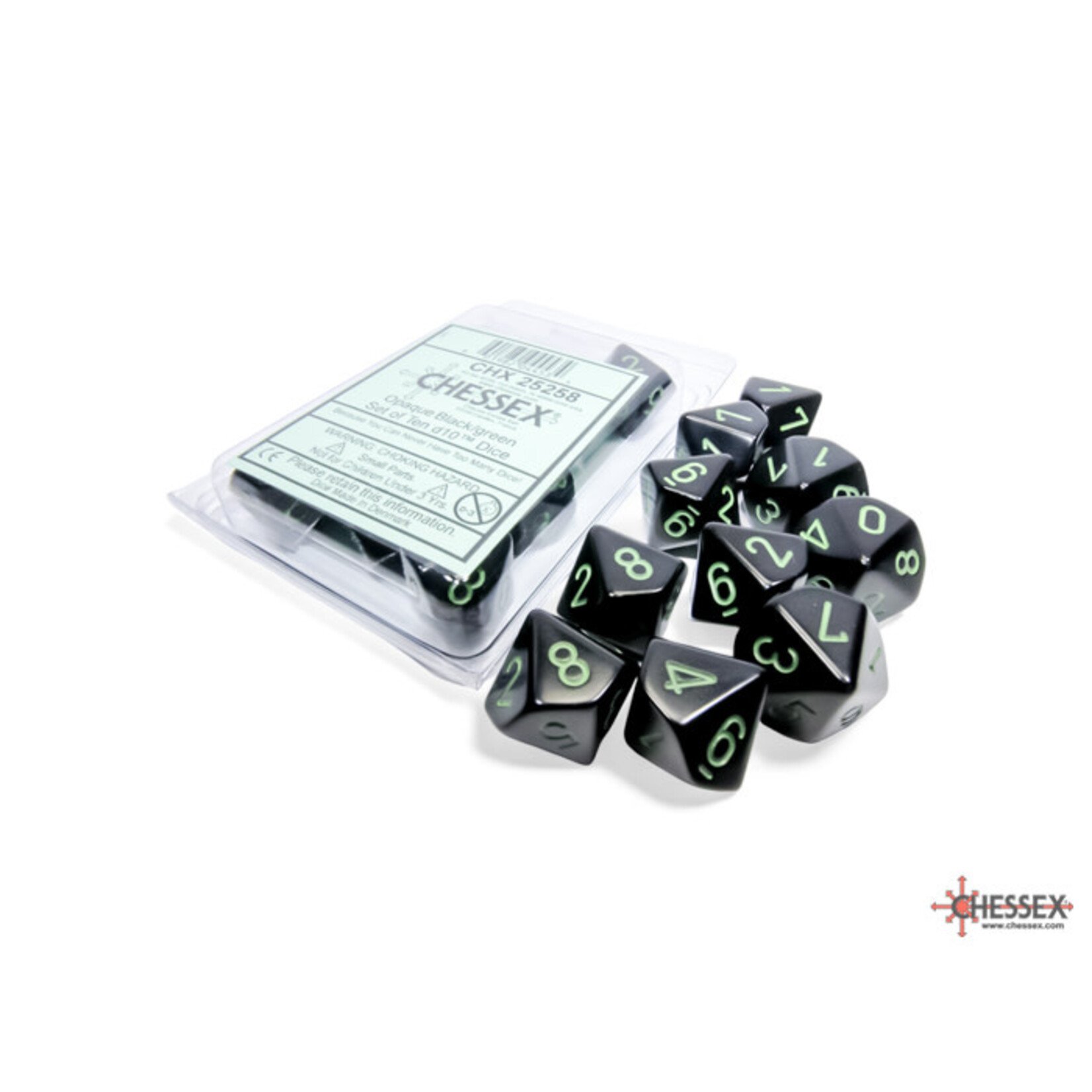 Chessex Opaque Black/green Set of Ten d10s
