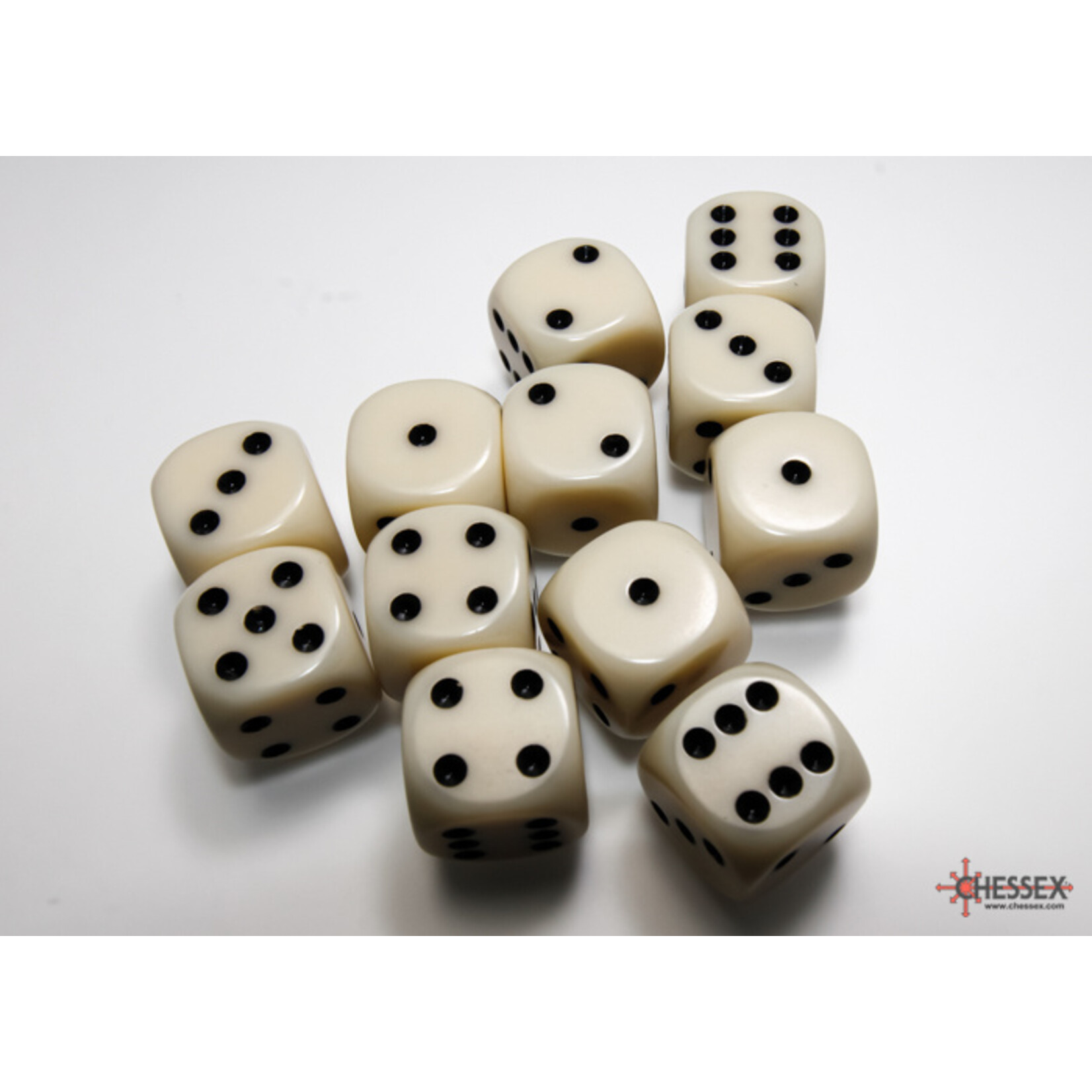 Chessex Opaque Ivory/black 16mm d6 Dice Block (12 dice)