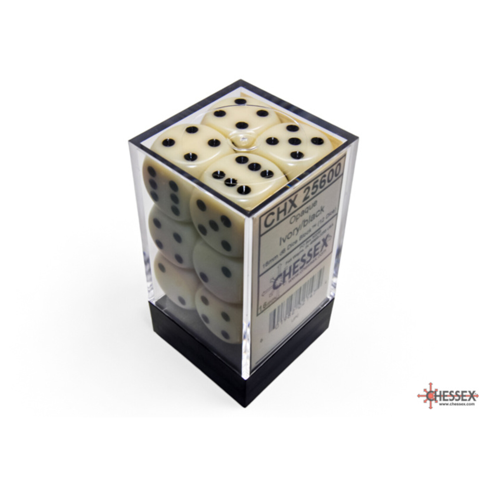 Chessex Opaque Ivory/black 16mm d6 Dice Block (12 dice)