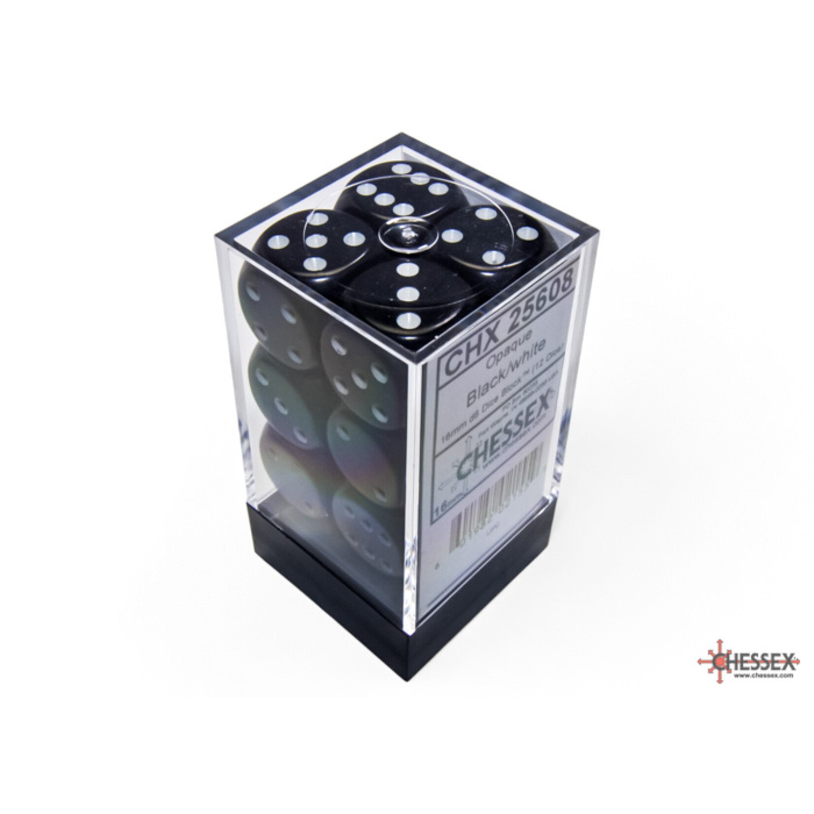 Chessex Opaque Black/white 16mm d6 Dice Block (12 dice)