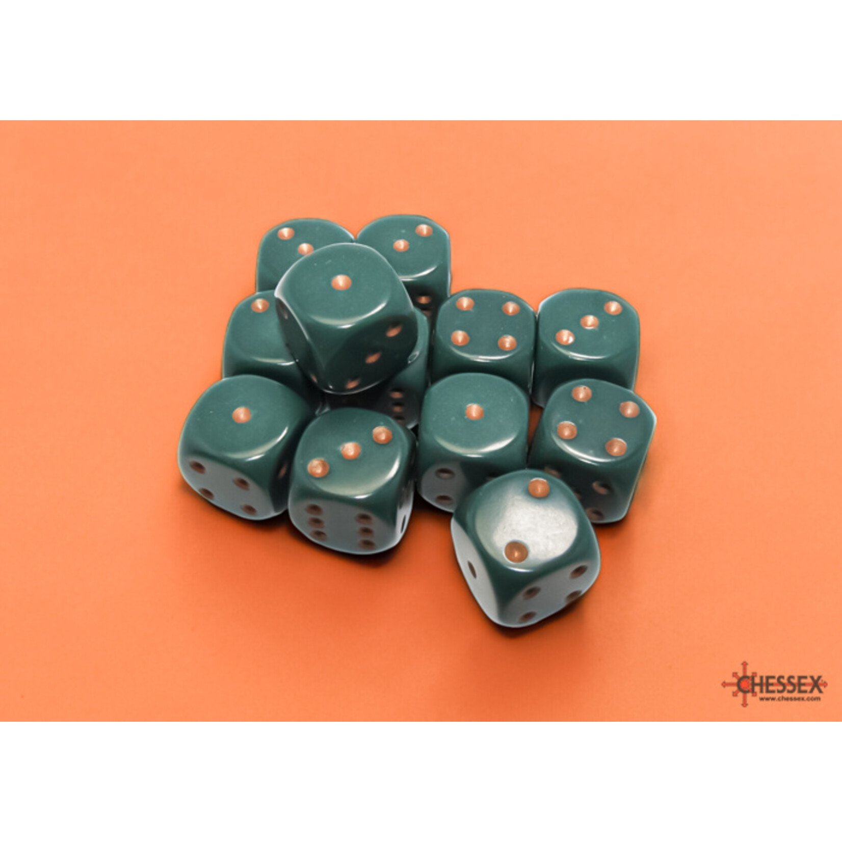 Chessex Opaque Dusty Green/copper 16mm d6 Dice Block (12 dice)