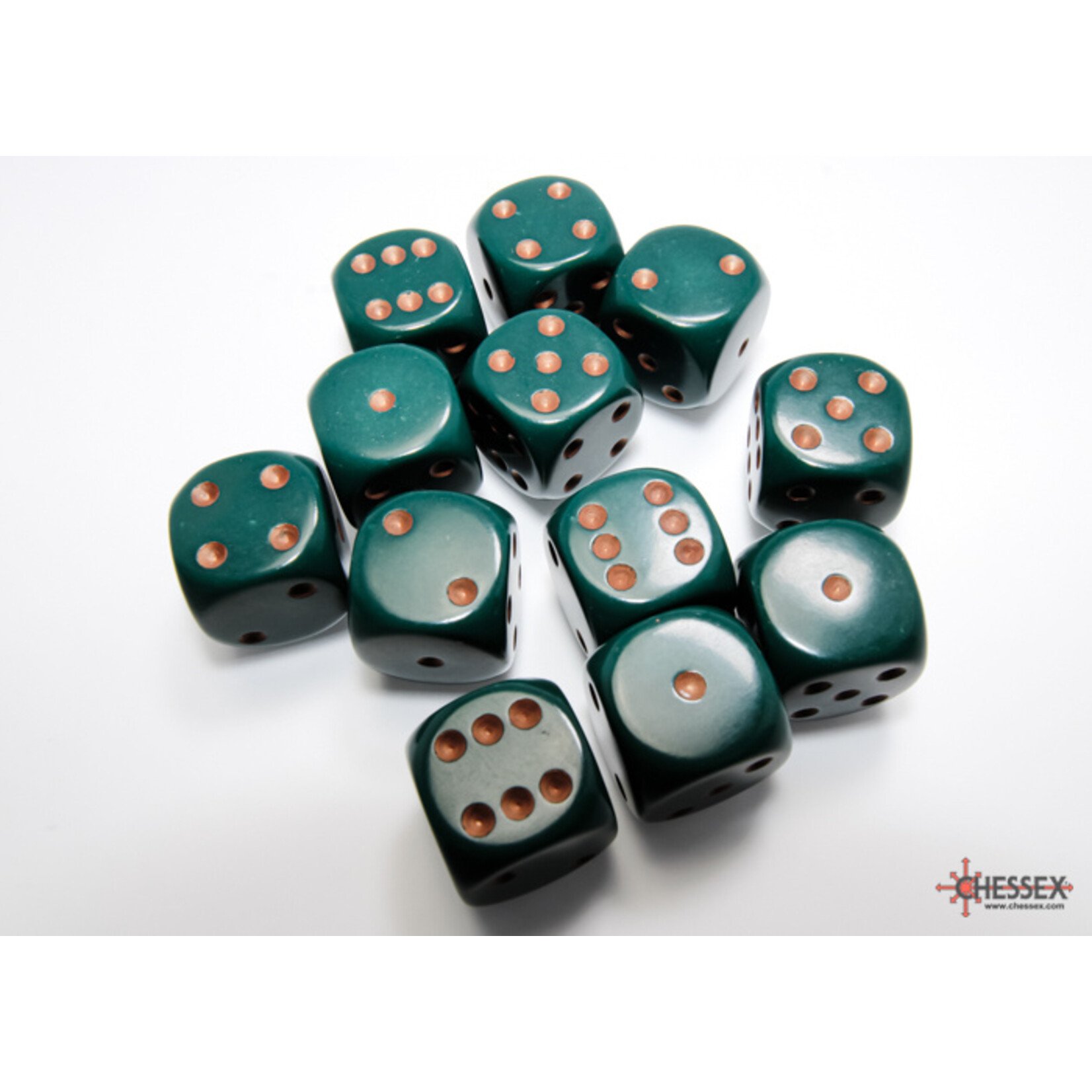 Chessex Opaque Dusty Green/copper 16mm d6 Dice Block (12 dice)