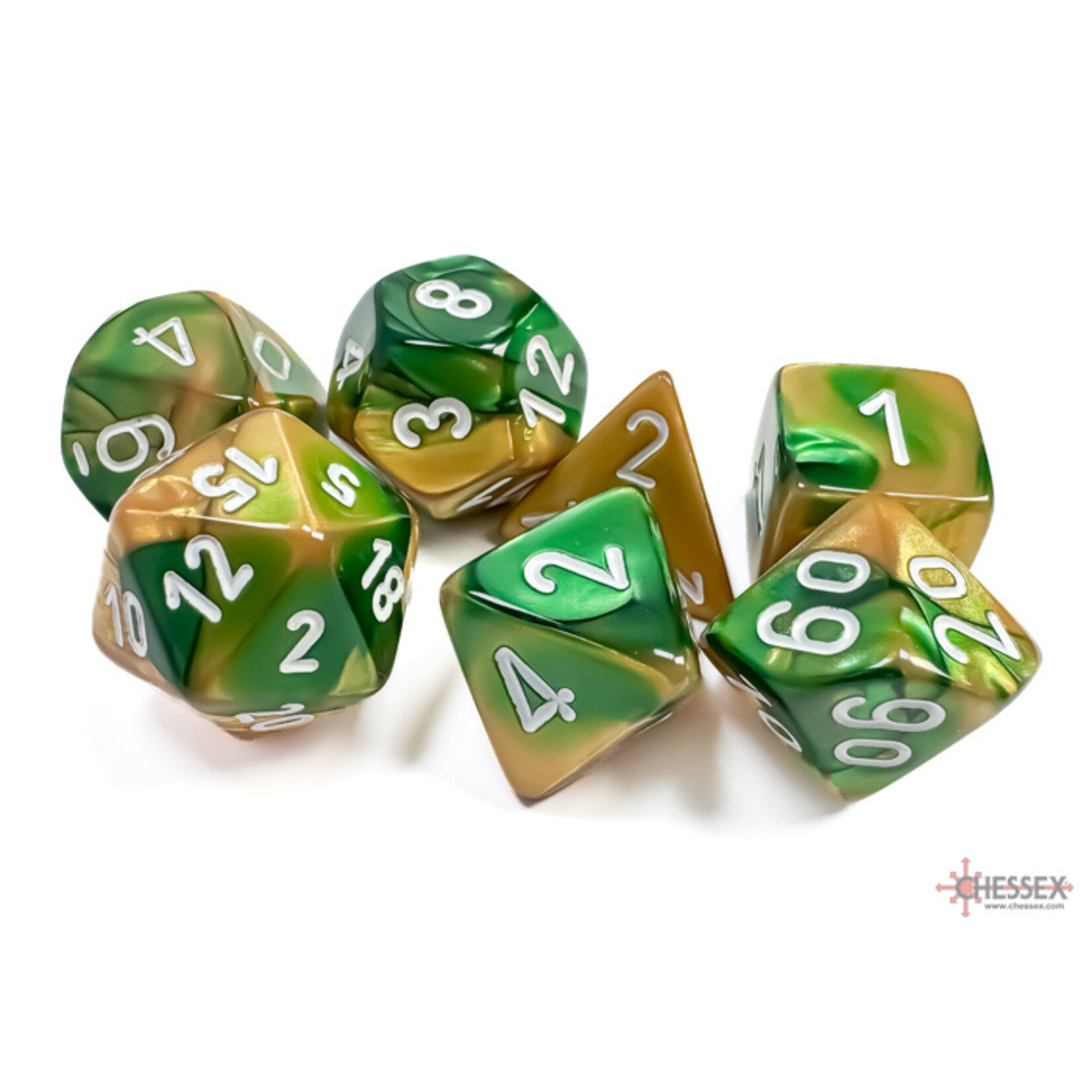 Chessex Gemini Gold-Green/white Polyhedral 7-Dice Set