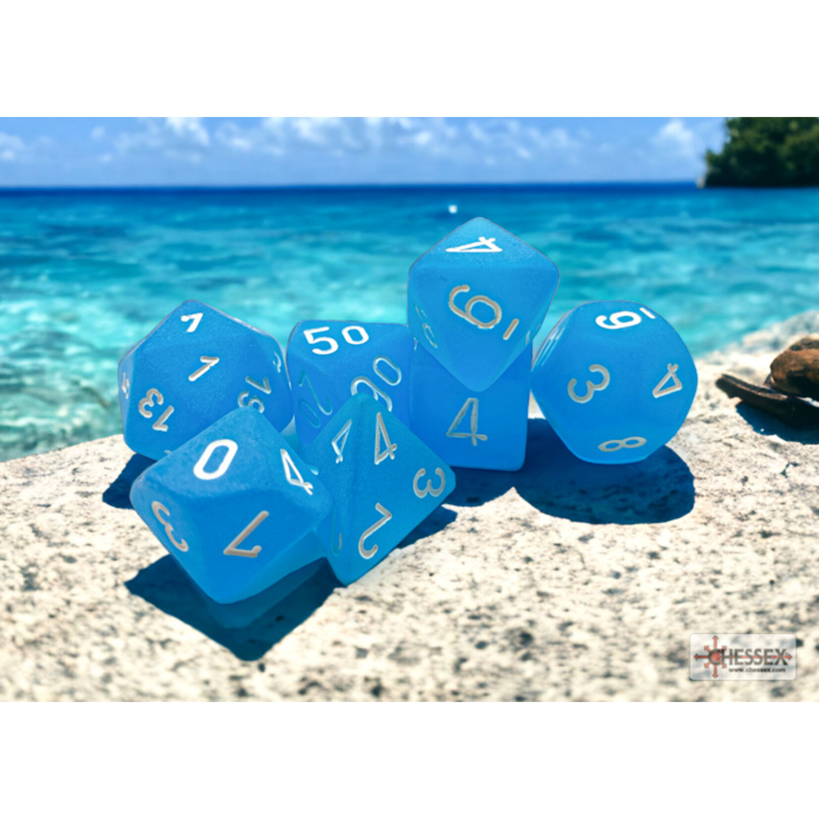 Chessex Frosted Caribbean Blue/white Polyhedral 7-Dice Set
