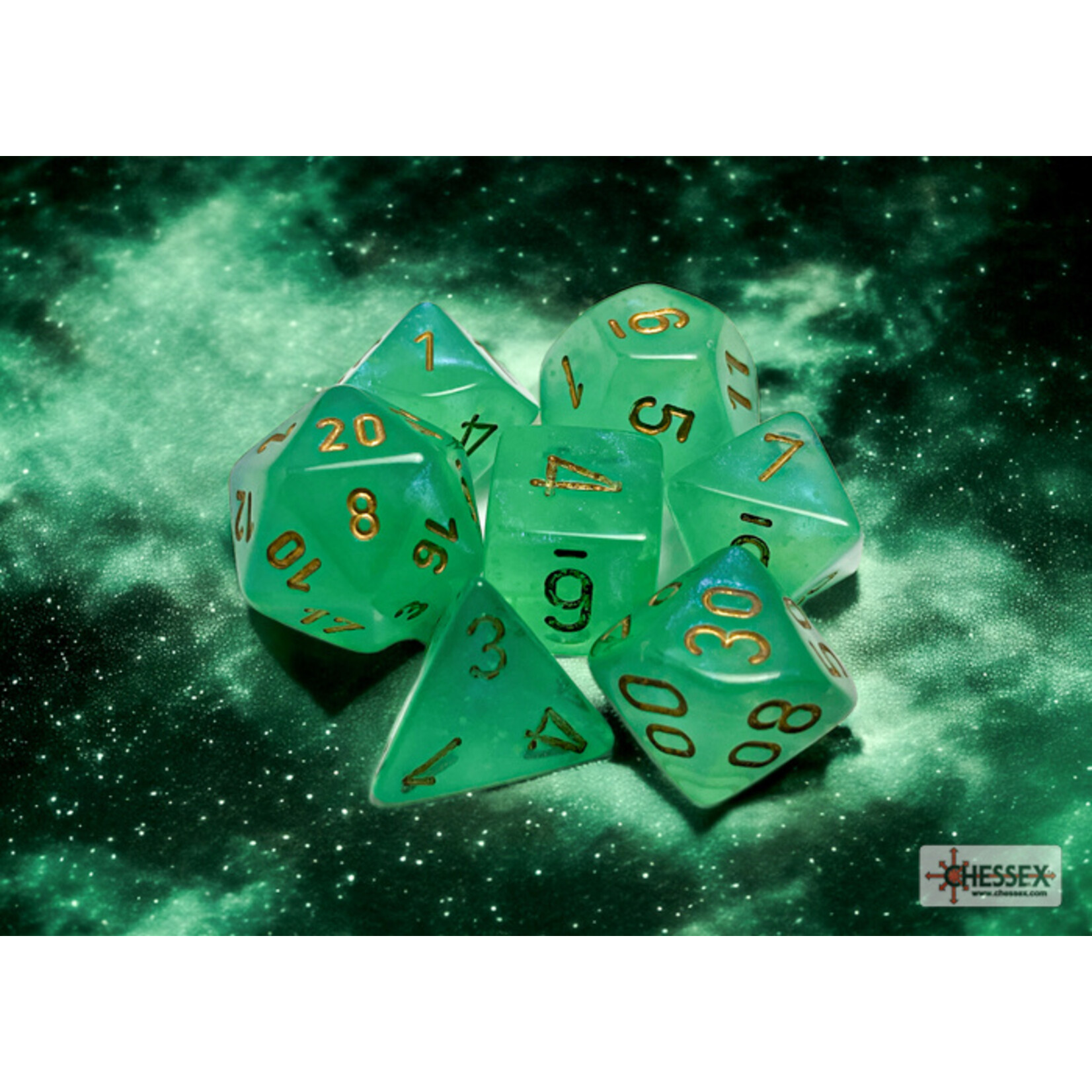 Chessex Borealis Light Green/gold Luminary Polyhedral 7-Dice Set