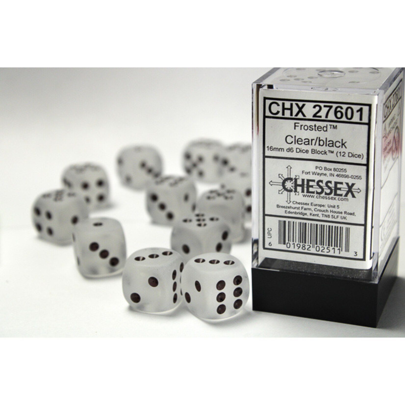 Chessex Frosted Clear/black 16mm d6 Dice Block (12 dice)