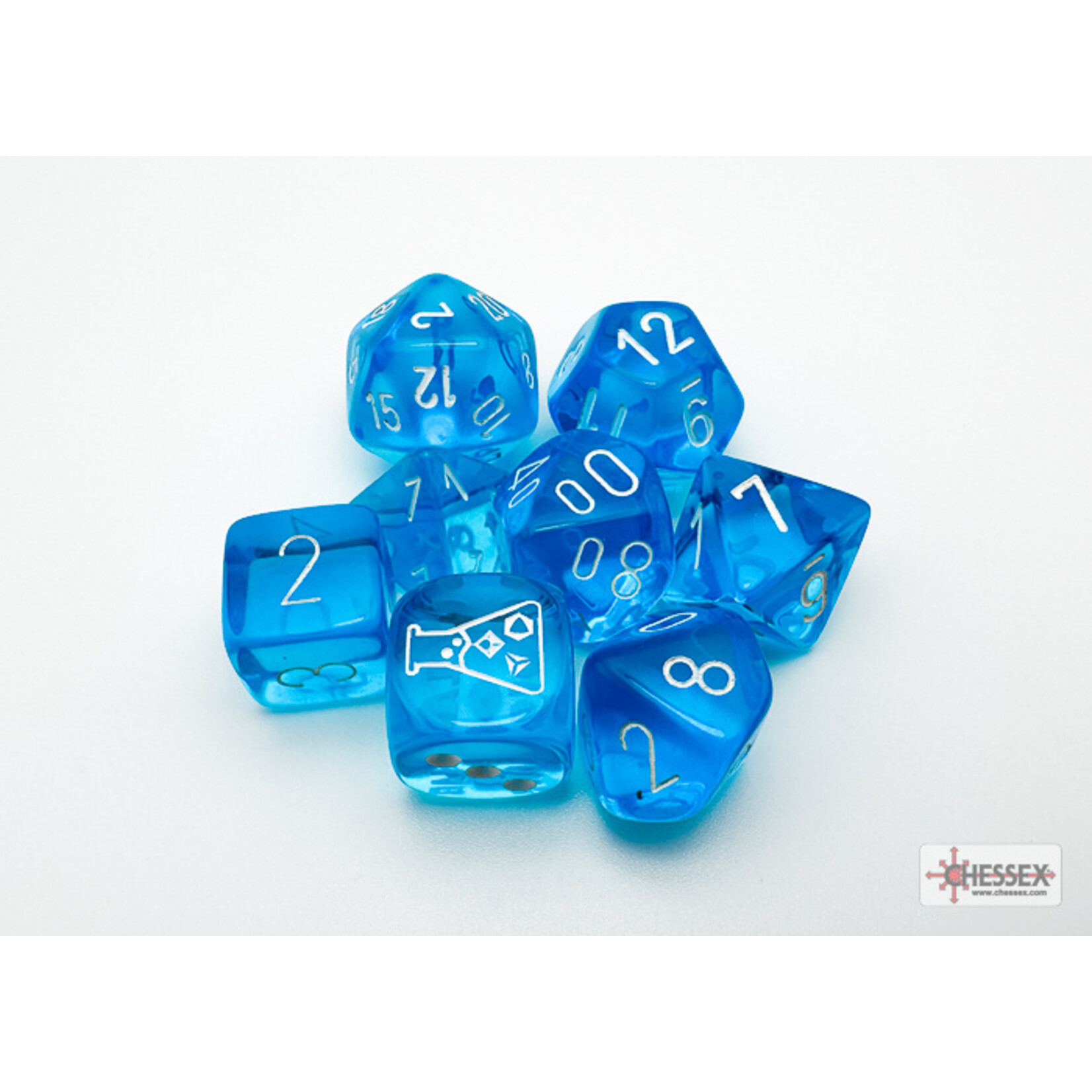 Chessex Translucent Tropical Blue/white Polyhedral 7-Dice Set (with bonus die)