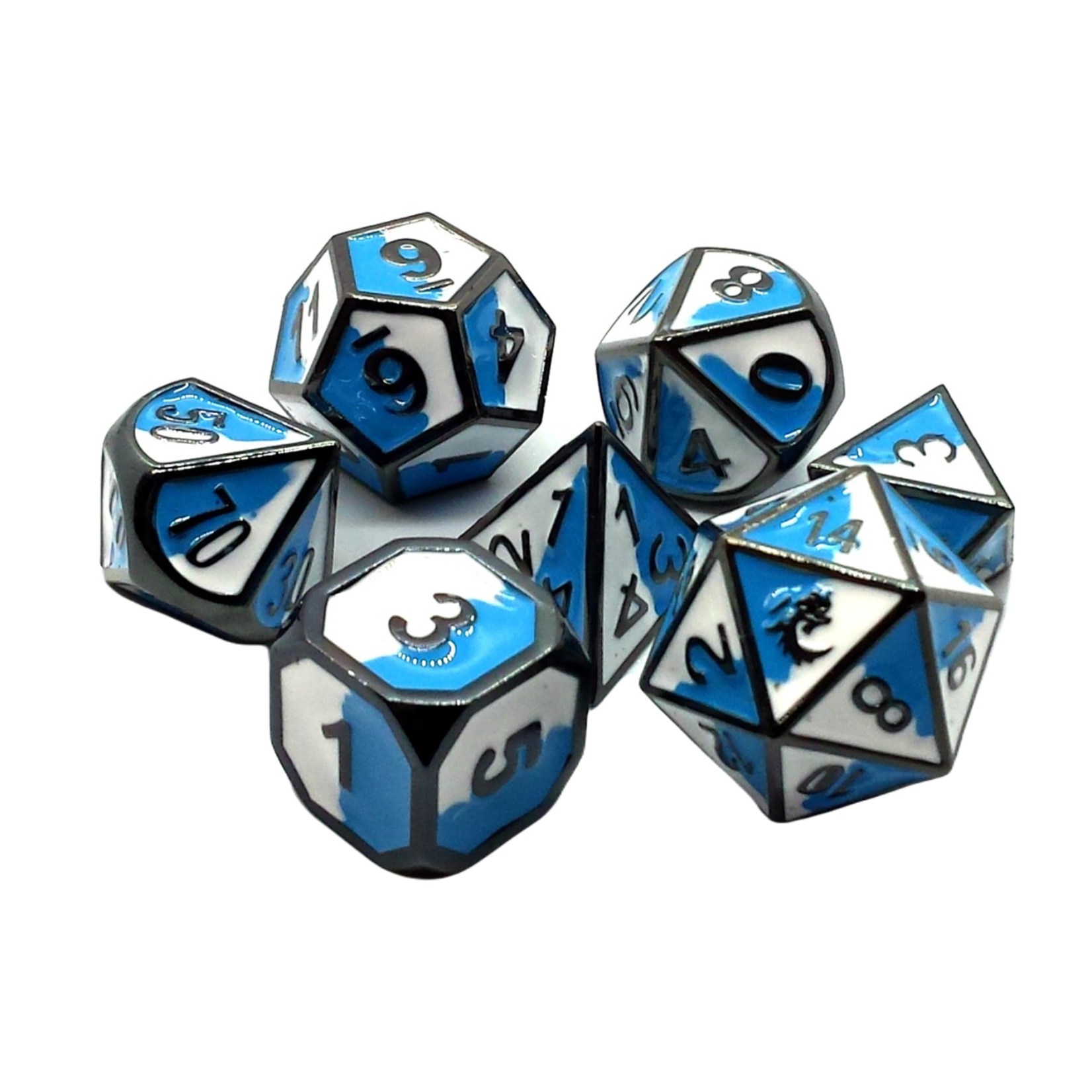 Old School Dice Old School 7 Piece DnD RPG Metal Dice Set: Dragon Forged - Blue & White w/ Black Nickel