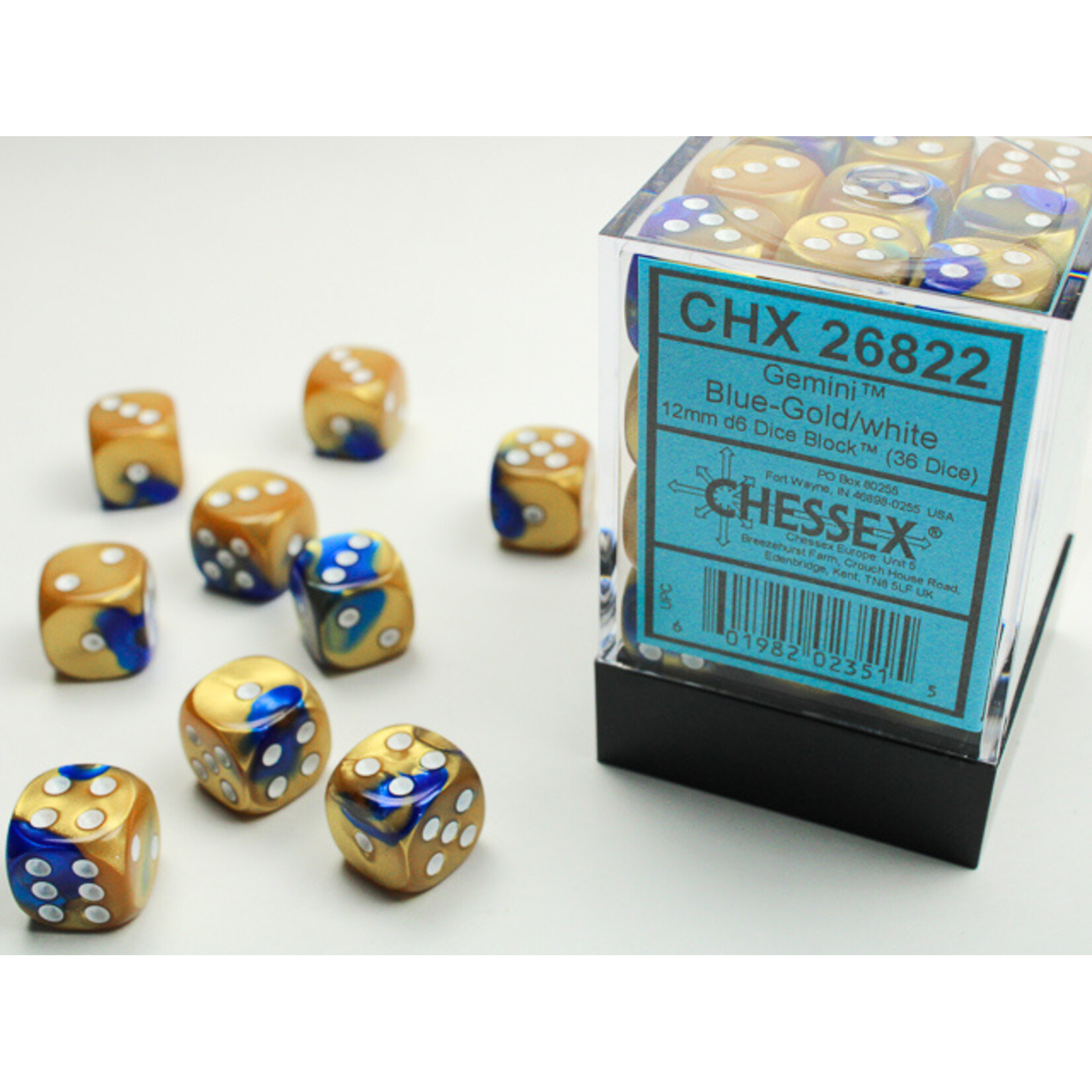 Chessex Gemini Blue-Gold/white 12mm d6 Dice Block (36 dice)