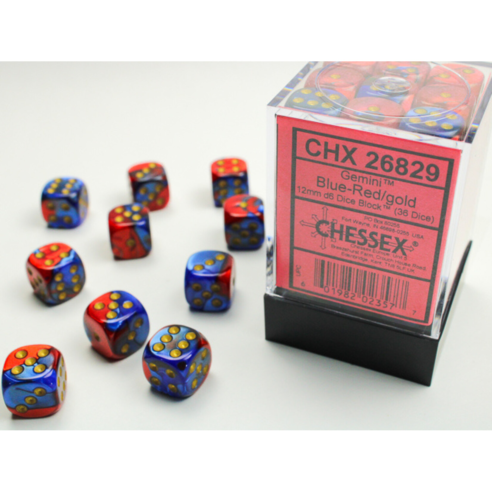 Chessex Gemini Blue-Red/gold 12mm d6 Dice Block (36 dice)