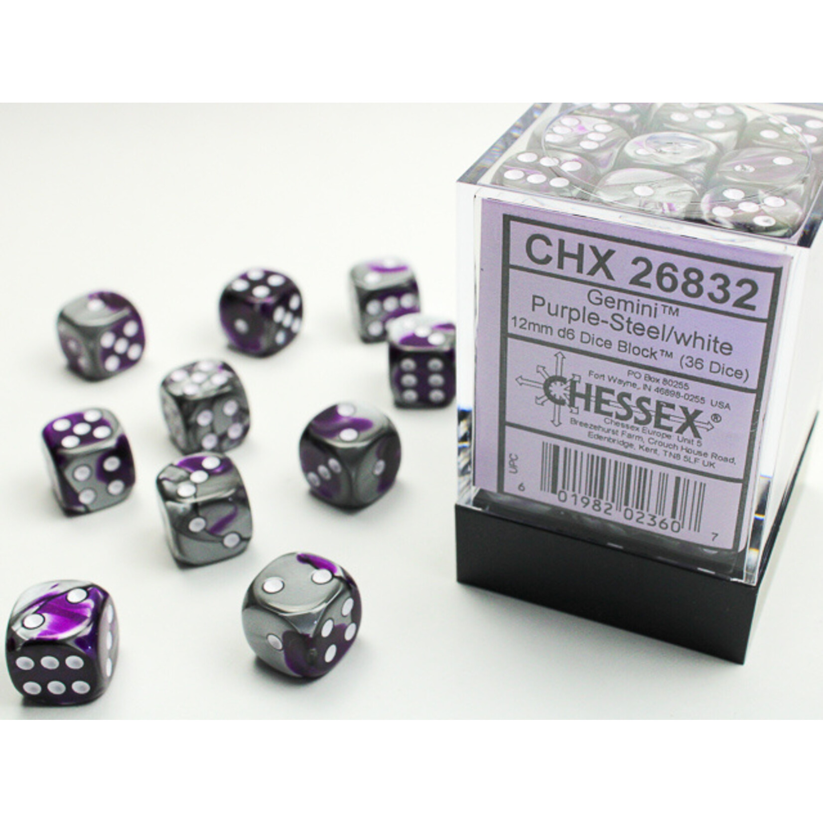 Chessex Gemini Purple-Steel/white 12mm d6 Dice Block (36 dice)