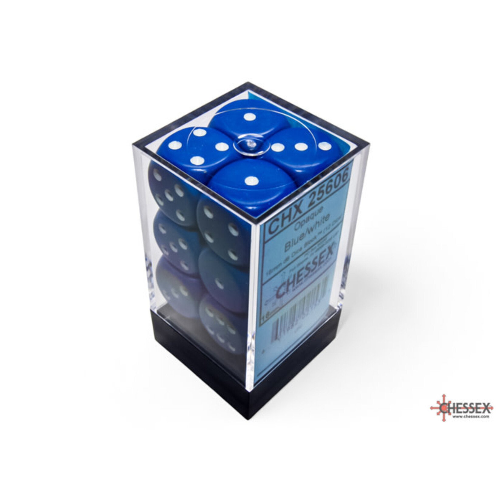 Chessex Opaque Blue/white 16mm d6 Dice Block (12 dice)
