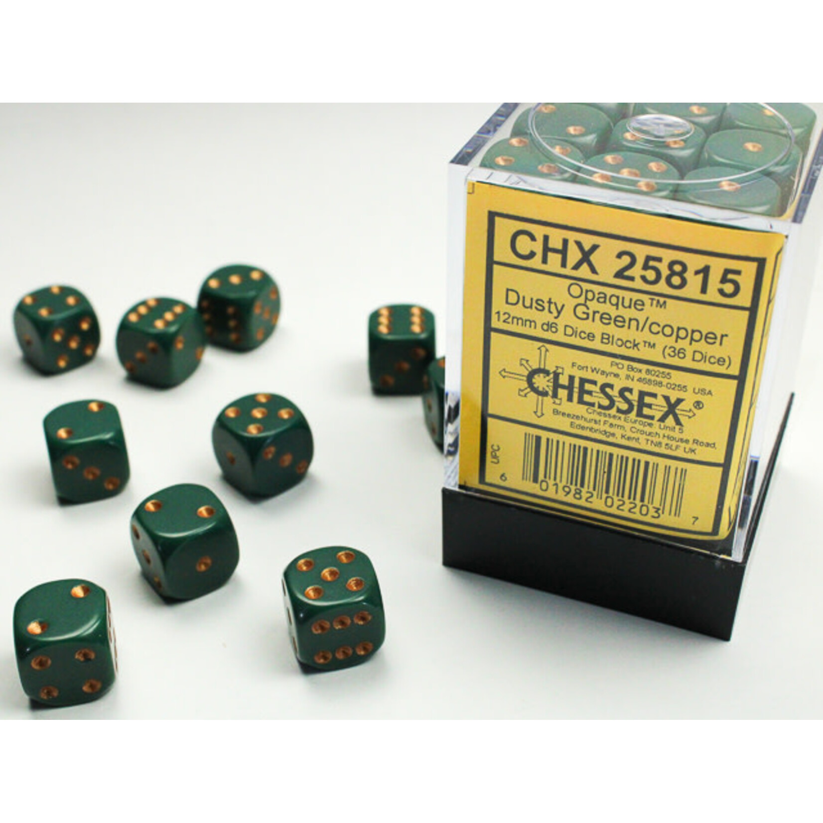 Chessex Opaque Dusty Green/copper 12mm d6 Dice Block (36 dice)