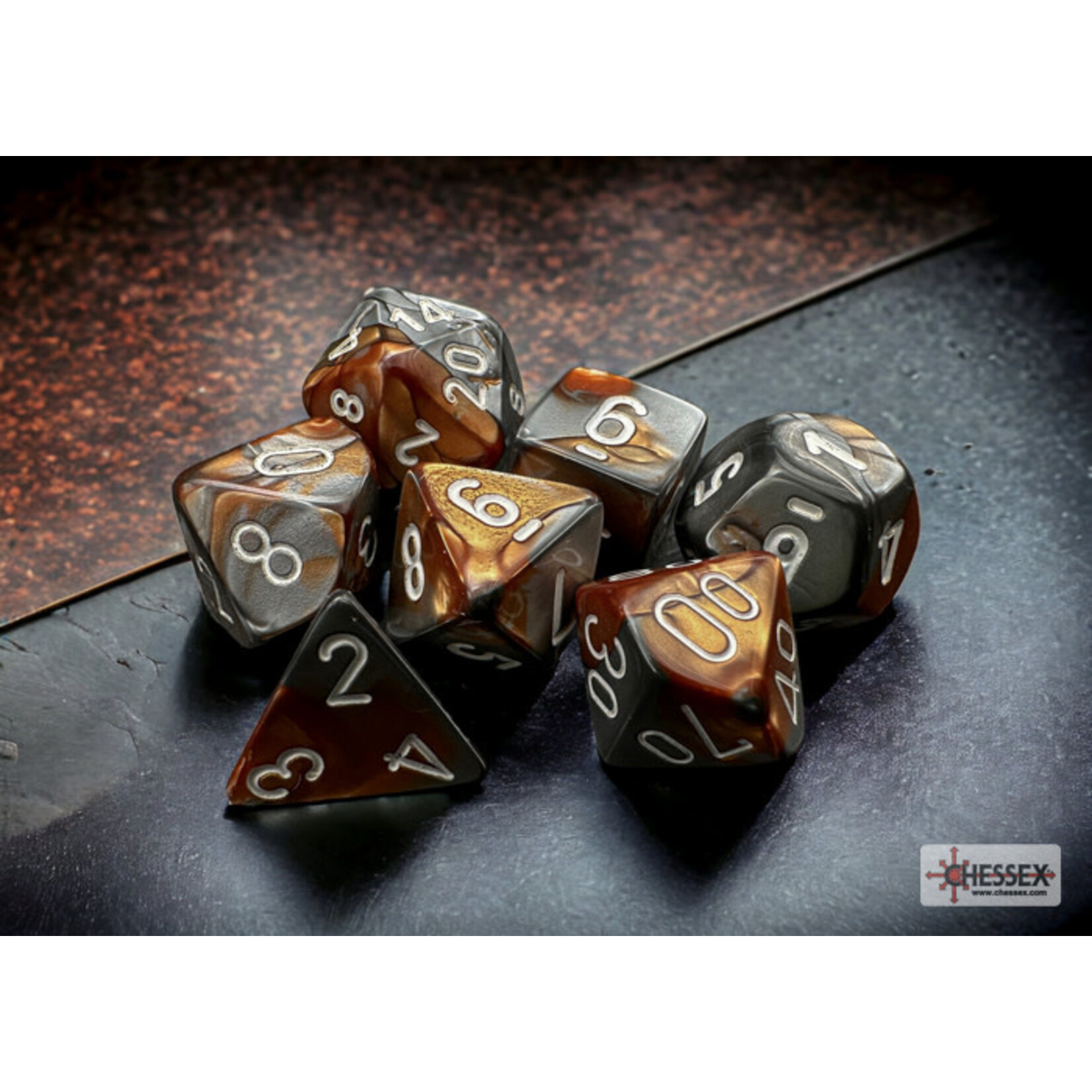 Chessex Gemini Copper-Steel/white Polyhedral 7-Dice Set