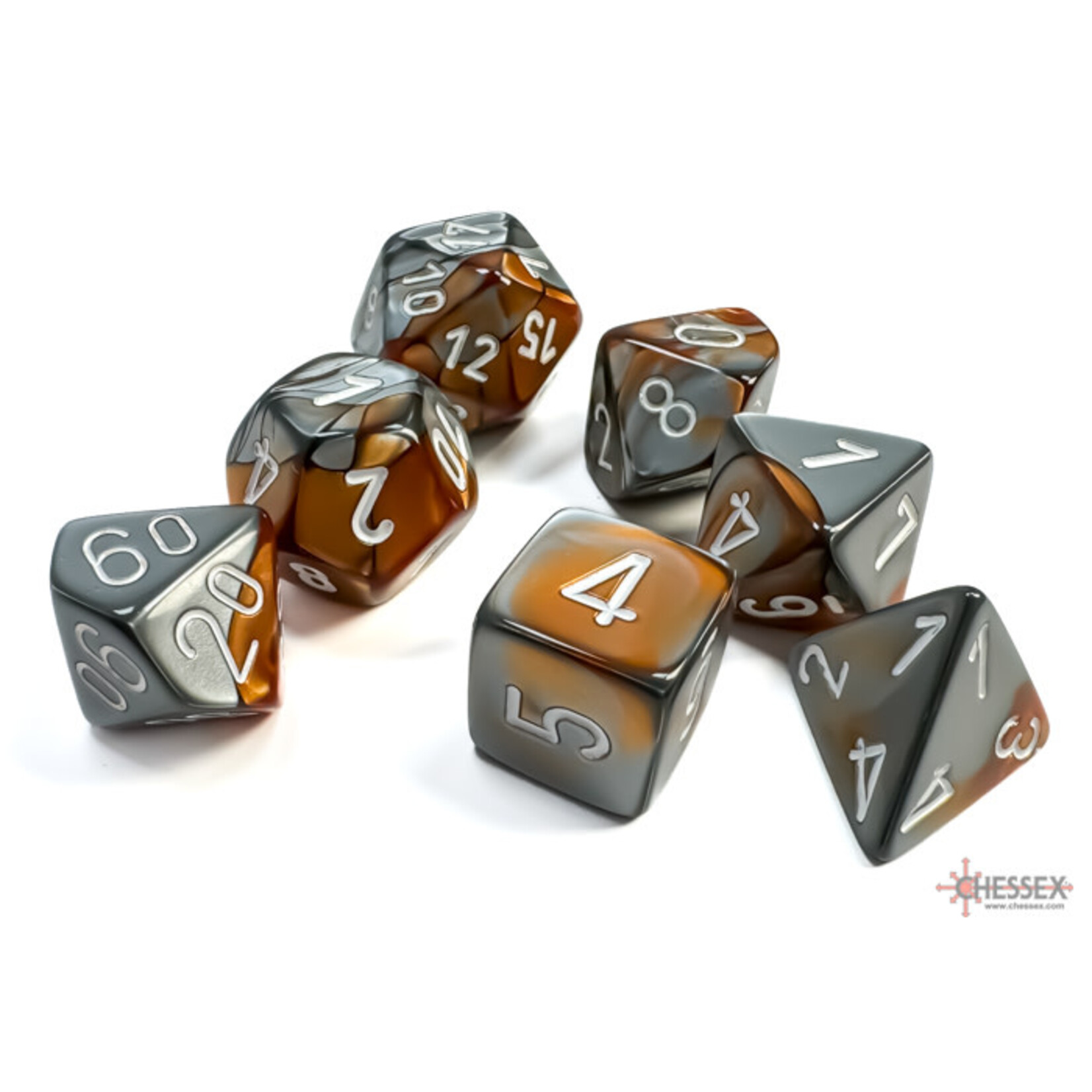 Chessex Gemini Copper-Steel/white Polyhedral 7-Dice Set