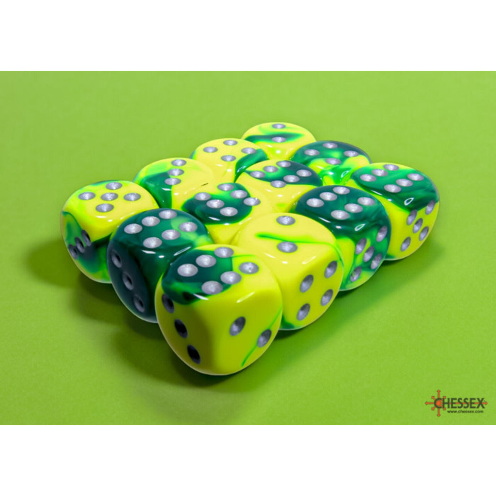 Chessex Gemini Green-Yellow/silver 16mm d6 Dice Block (12 dice)
