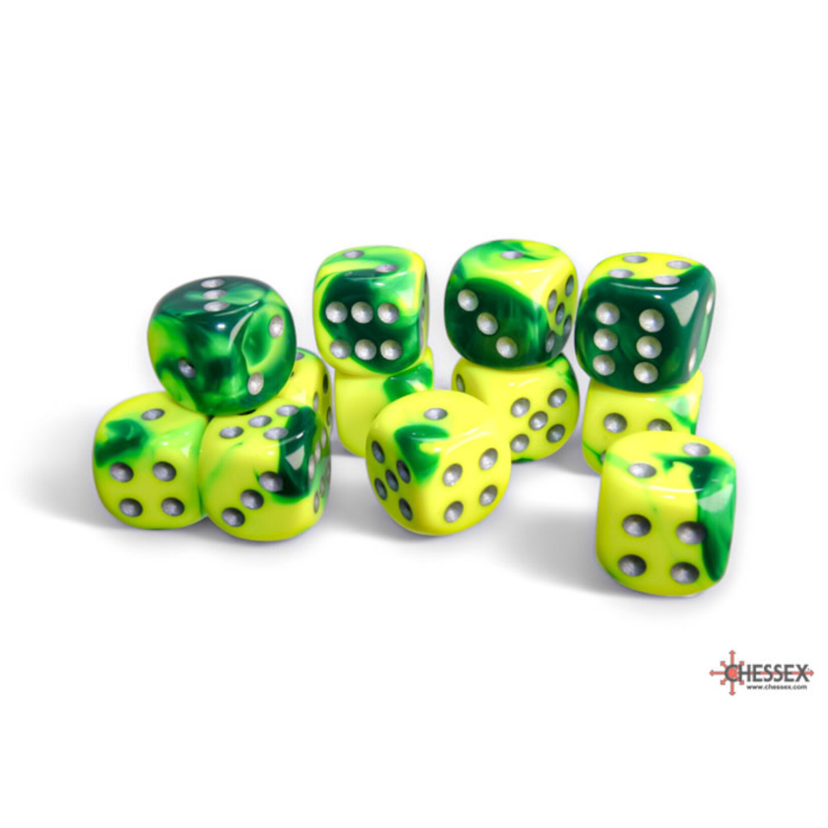 Chessex Gemini Green-Yellow/silver 16mm d6 Dice Block (12 dice)