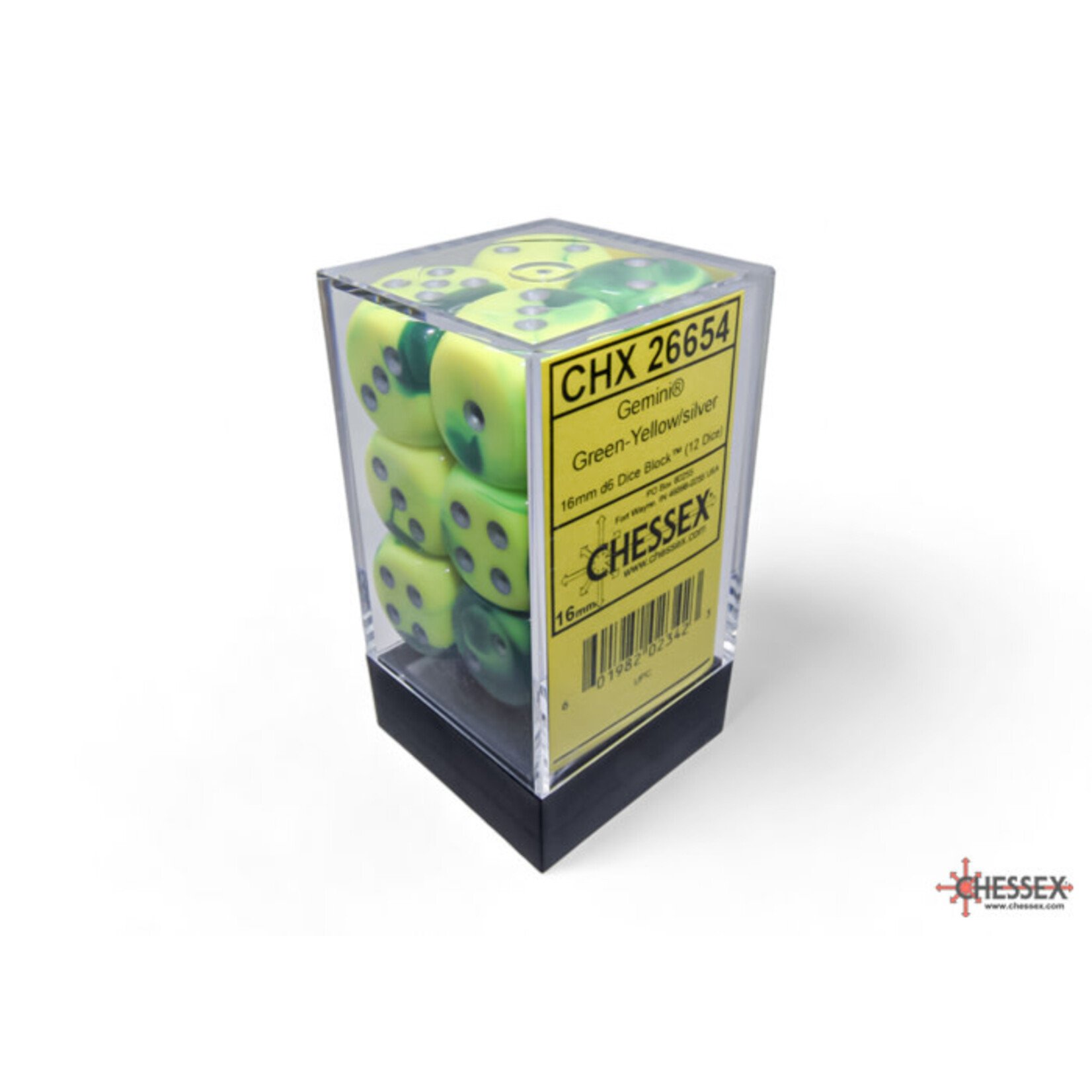 Chessex Gemini Green-Yellow/silver 16mm d6 Dice Block (12 dice)