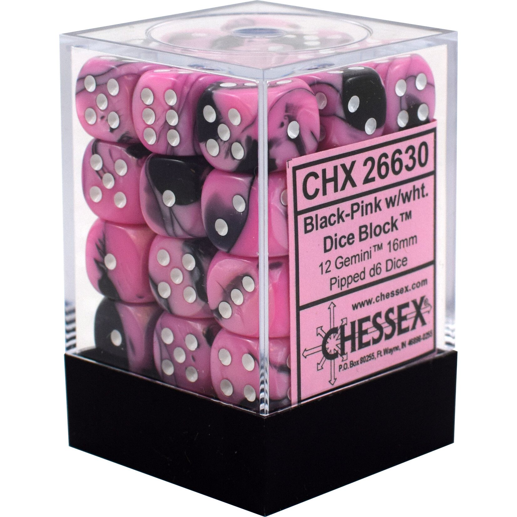 Chessex Gemini Black-Pink/white 12mm d6 Dice Block (36 dice)
