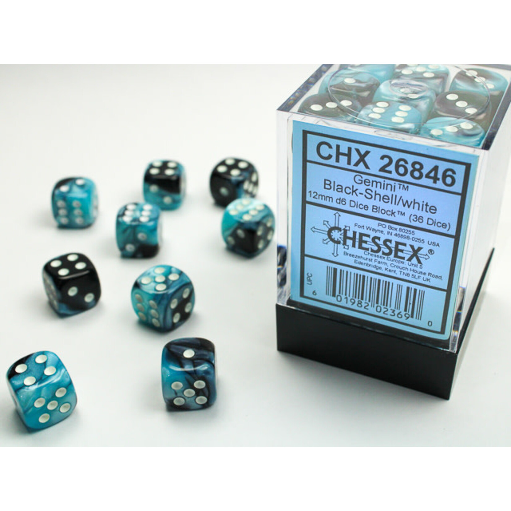 Chessex Gemini Black-Shell/white 12mm d6 Dice Block (36 dice)