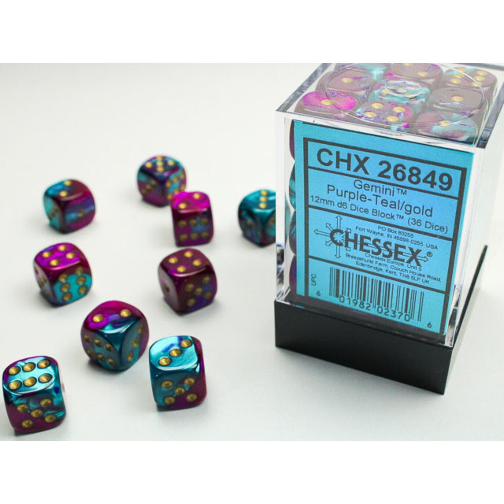 Chessex Gemini Purple-Teal/gold 12mm d6 Dice Block (36 dice)