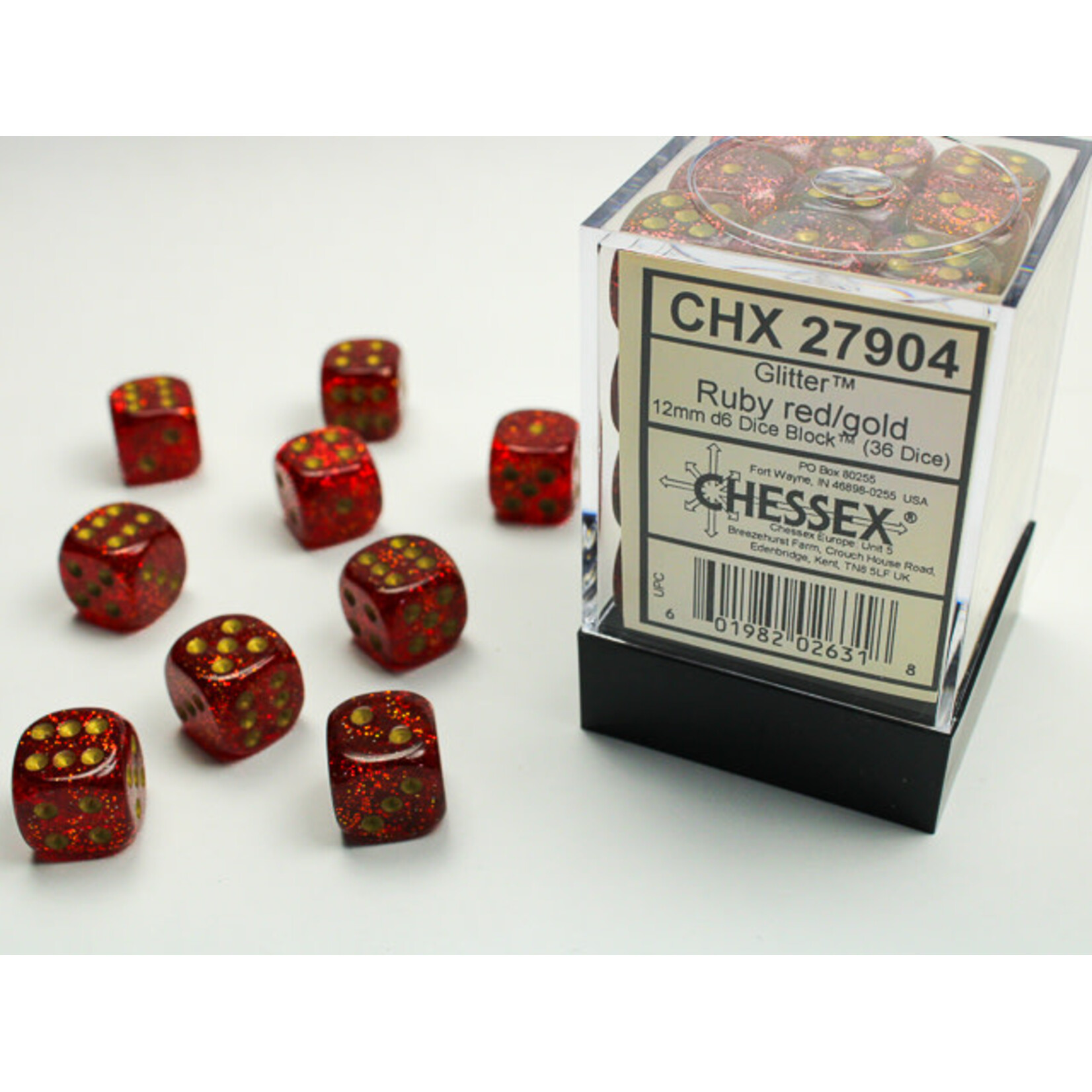 Chessex Glitter Ruby/gold 12mm d6 Dice Block (36 dice)
