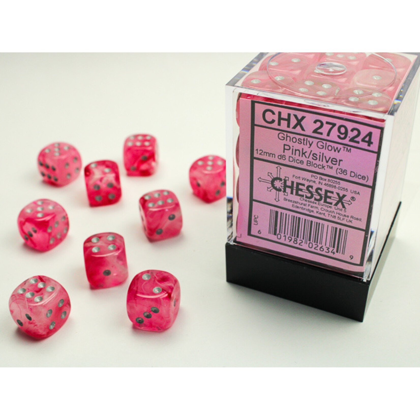Chessex Ghostly Glow Pink/silver 12mm d6 Dice Block (36 dice)